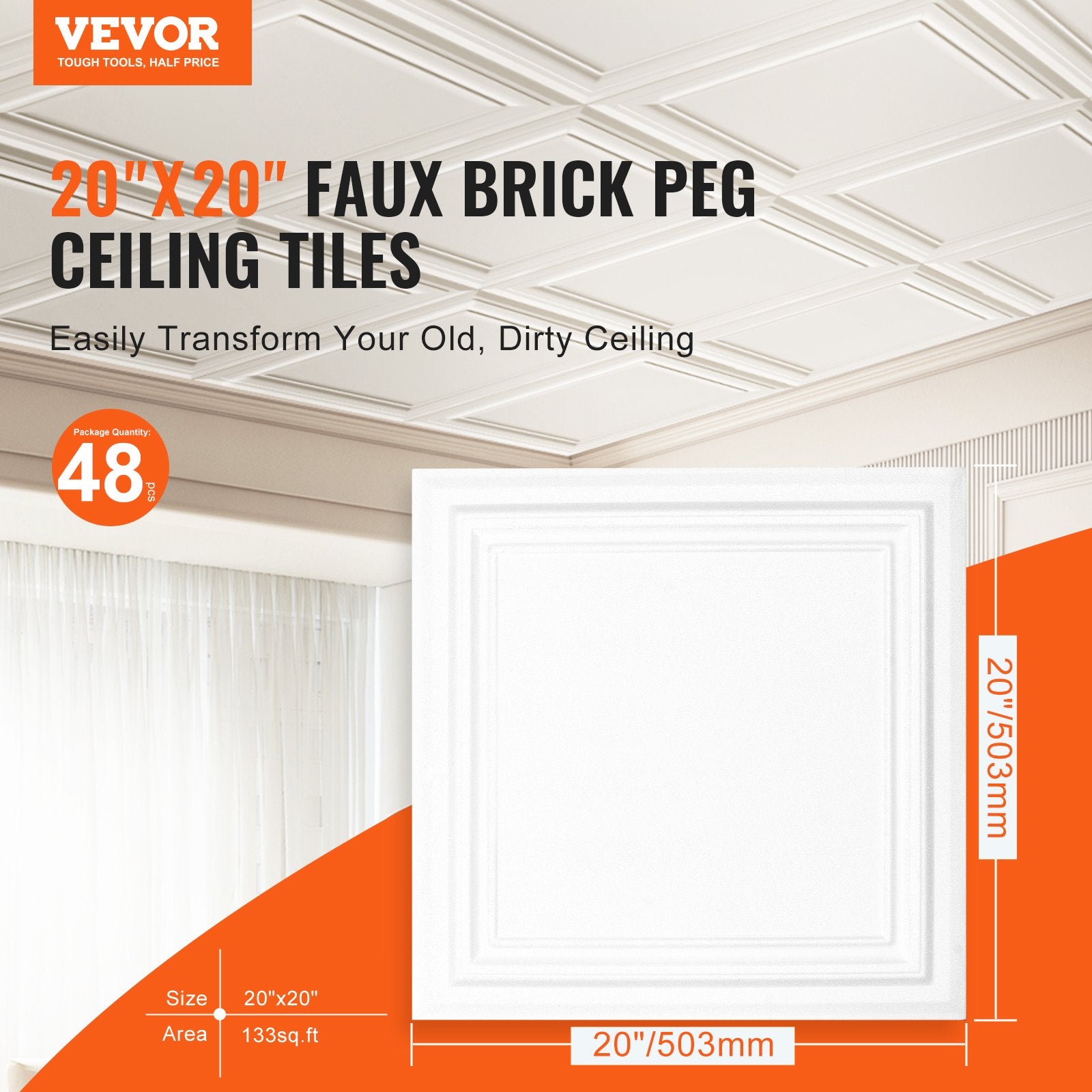 48-Pack 20x20in Polystyrene Ceiling Tiles Drop Ceiling Easy Install Basement