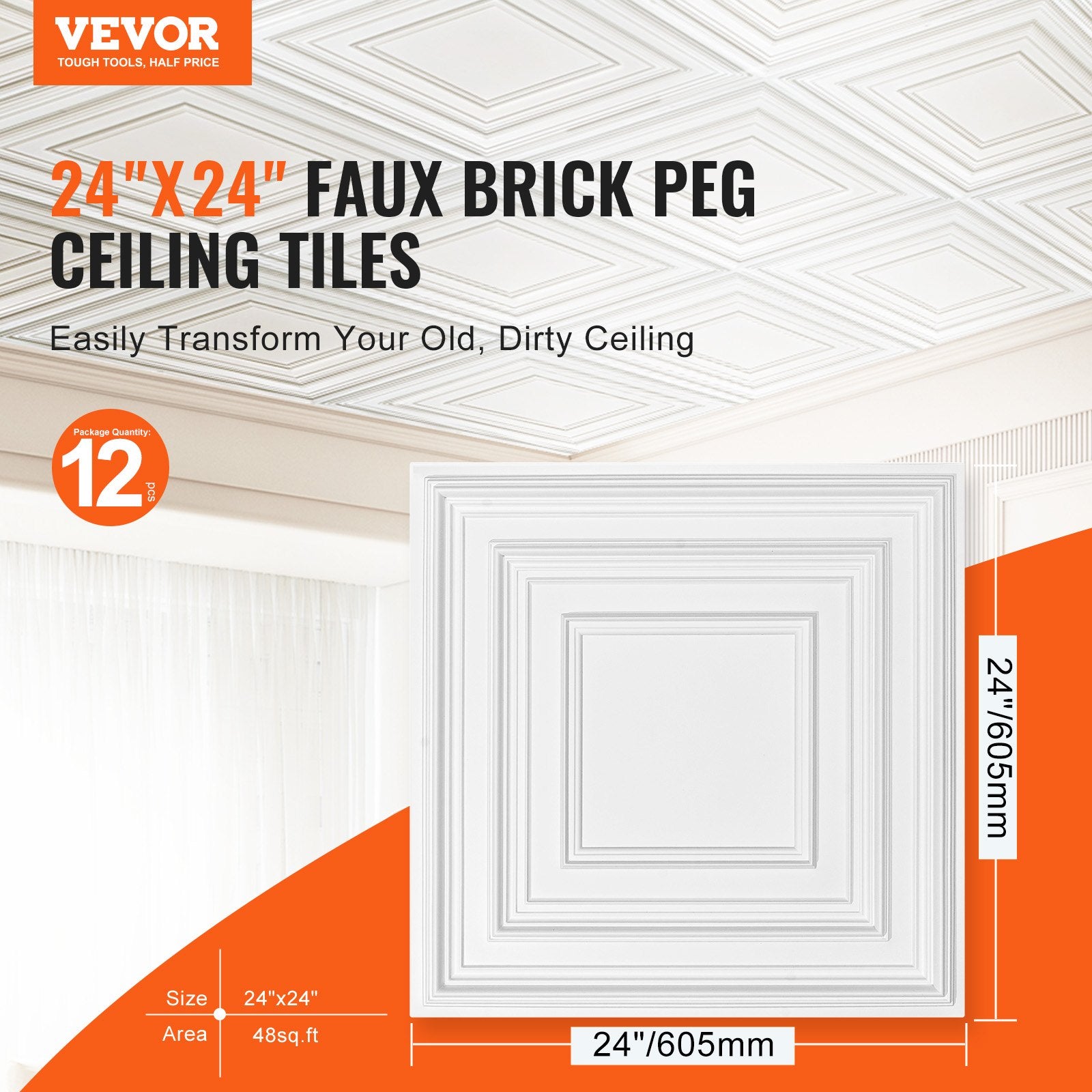 Ceiling Tiles 12-Pack 24x24 in PVC Drop Ceiling Tiles White Peg Pattern PVC Tile