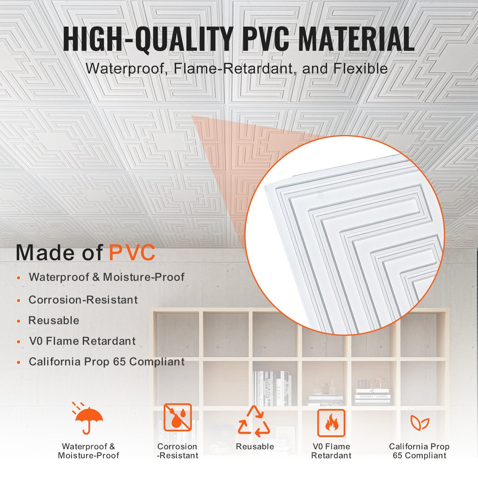 12-Pack 24x24in PVC Ceiling Tiles Drop Ceiling Easy Install White Echo Pattern