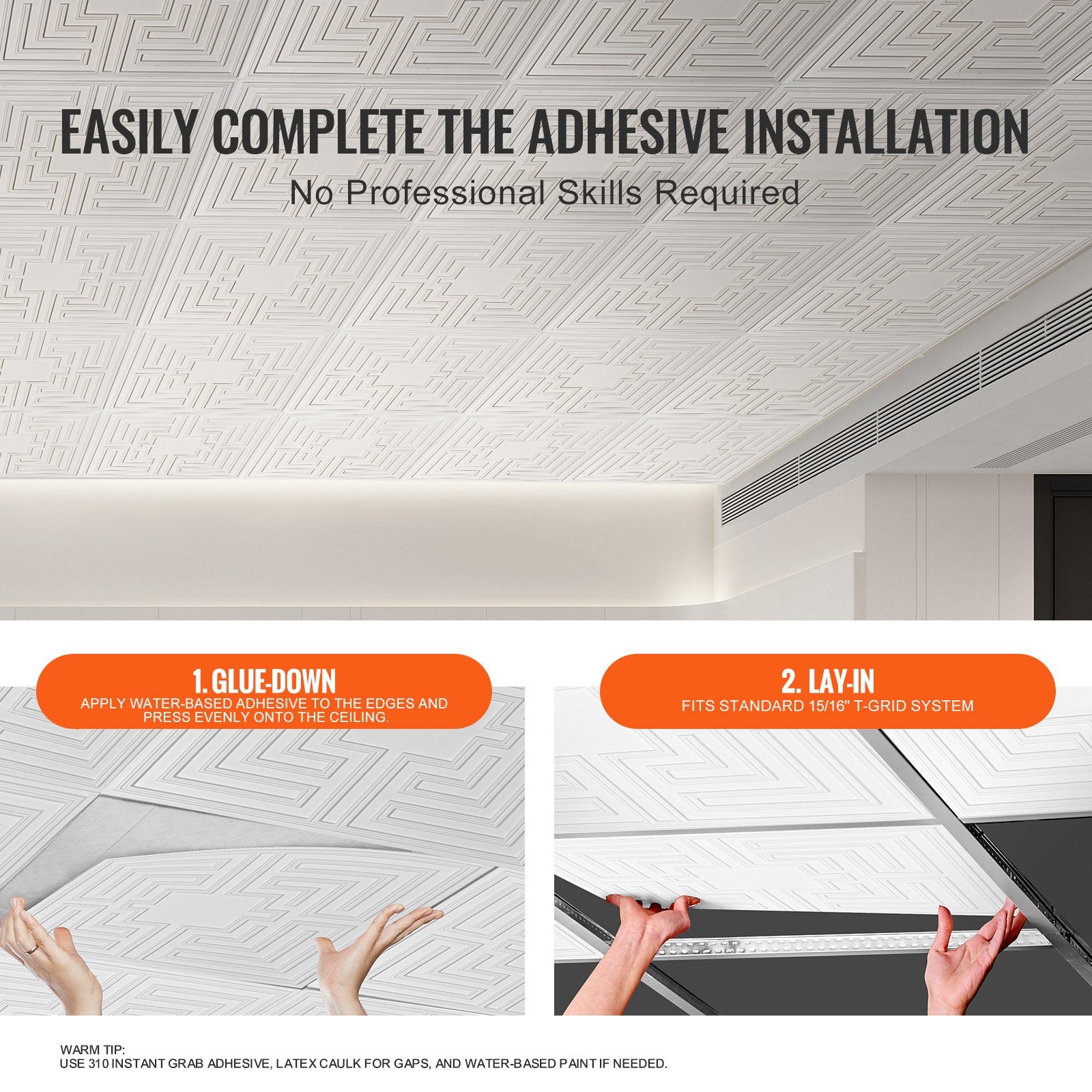 12-Pack 24x24in PVC Ceiling Tiles Drop Ceiling Easy Install White Echo Pattern