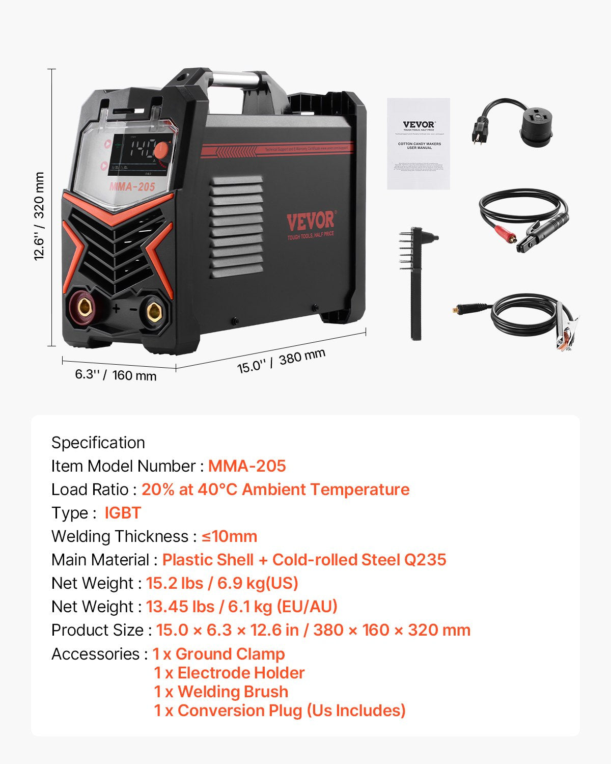 MMA Welder 205A 2 in1 MMA Lift TIG Stick Machine IGBT Inverter Digital Hot Start