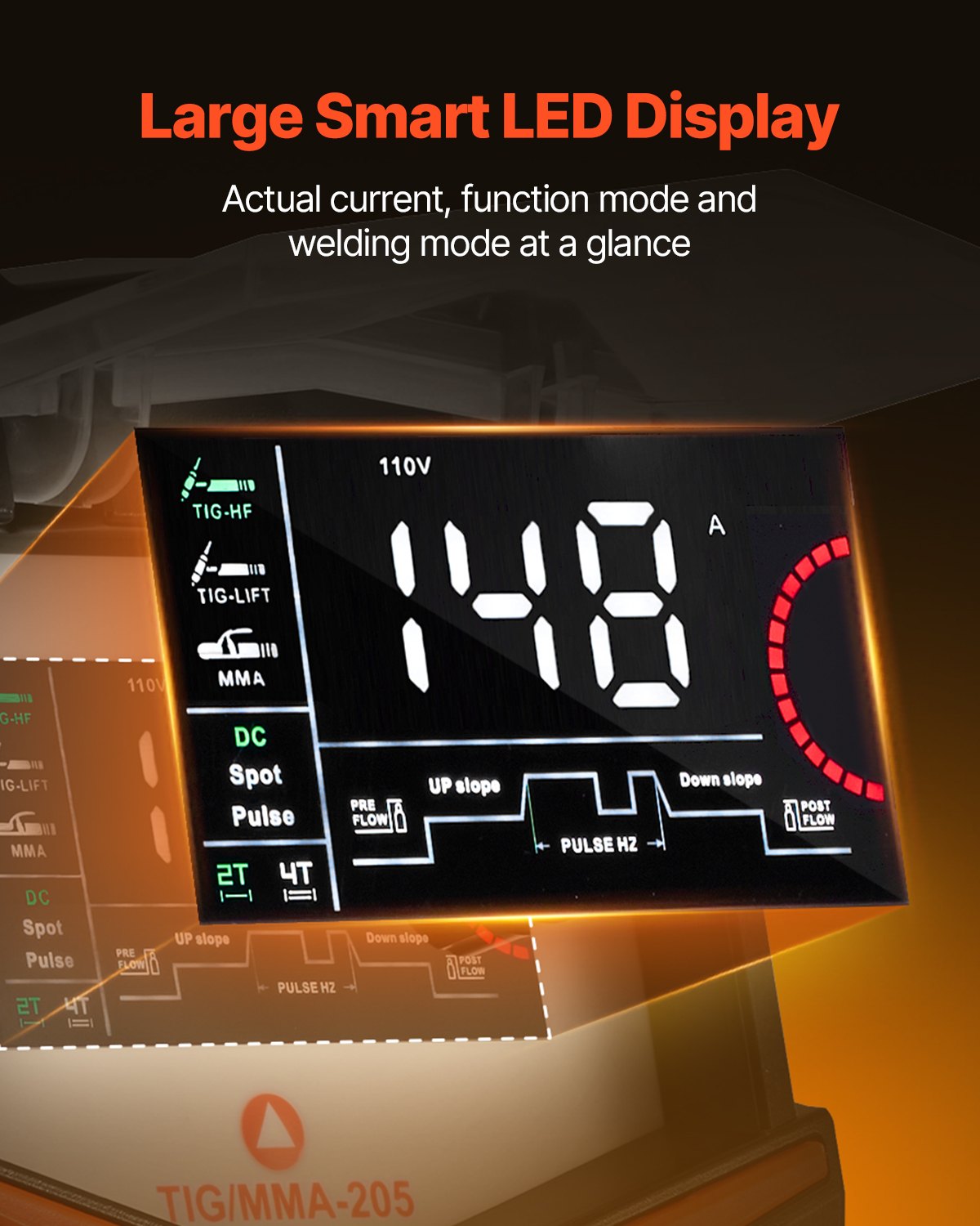 TIG Welder 205A 3-in-1 DC TIG Pulse MMA Machine Large LED IGBT HF Start