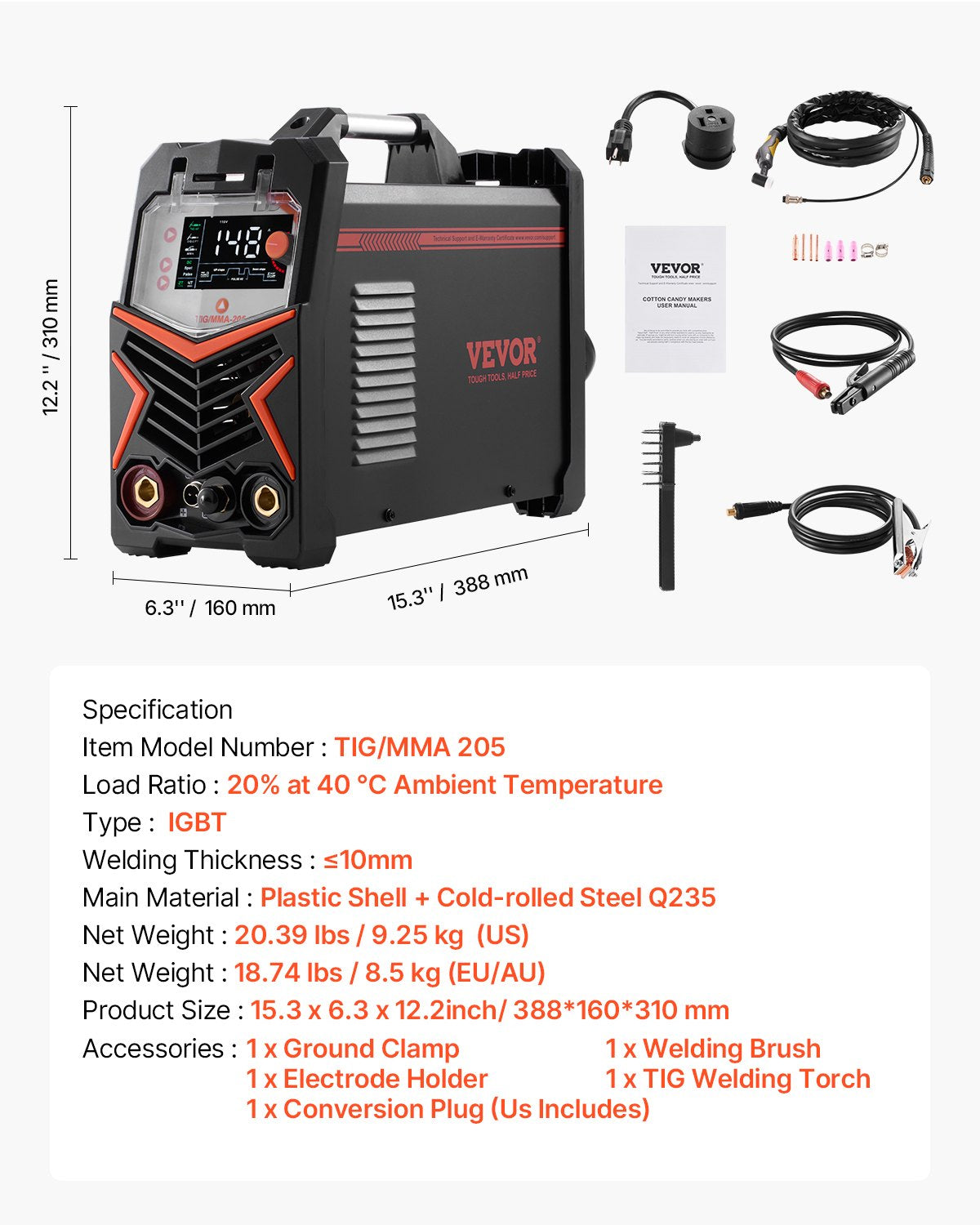 TIG Welder 205A 3-in-1 DC TIG Pulse MMA Machine Large LED IGBT HF Start