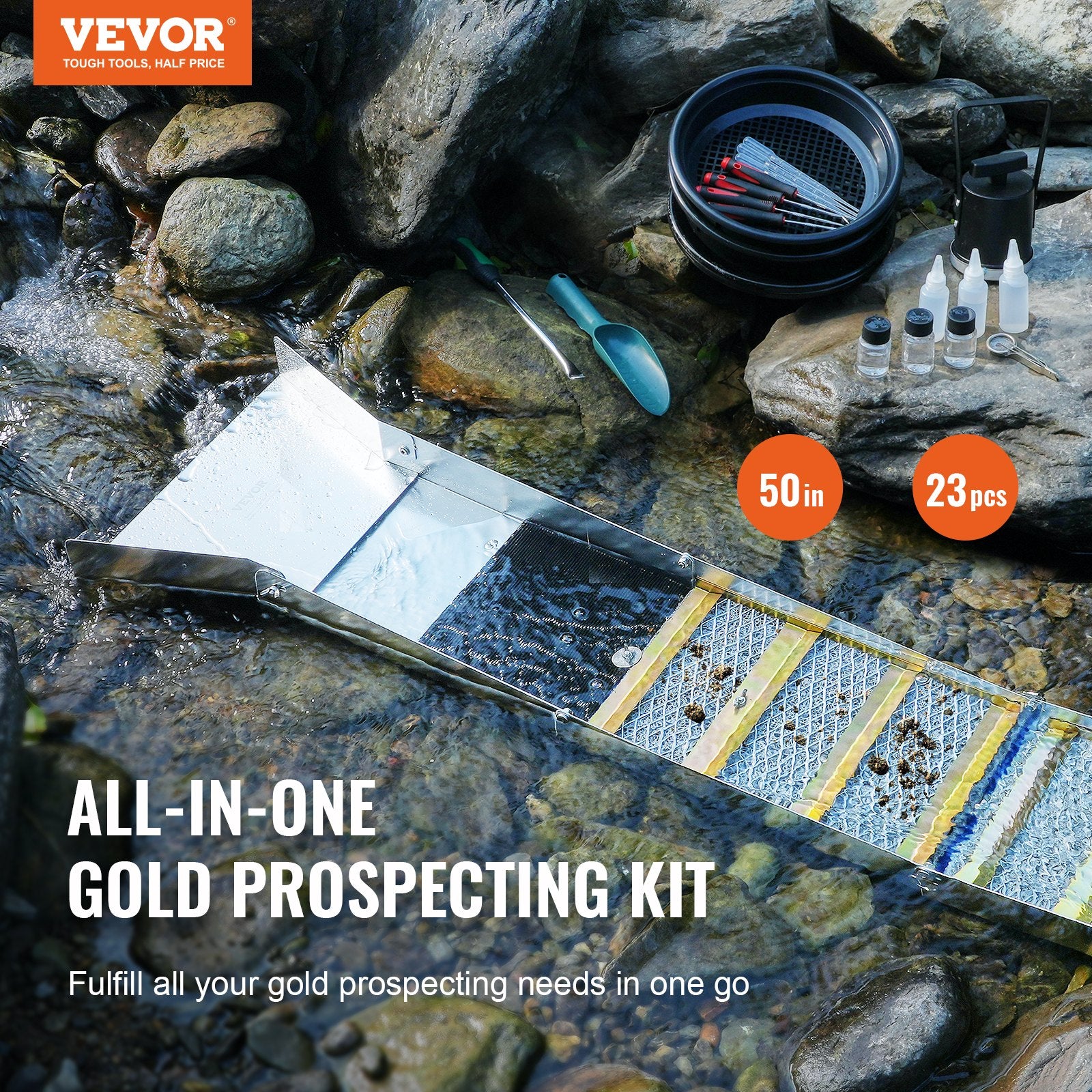Gold Panning Kit with Sluice Box 50" Aluminum 23 PCS Gold Prospecting Equipment