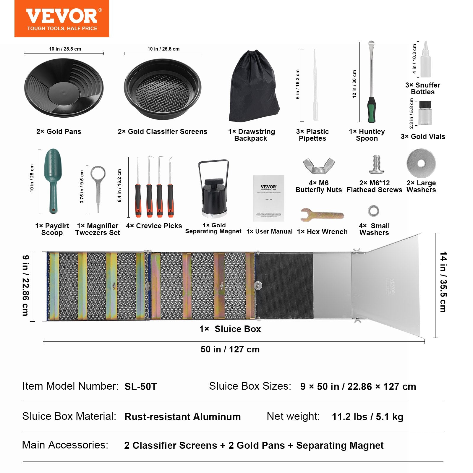 Gold Panning Kit with Sluice Box 50" Aluminum 23 PCS Gold Prospecting Equipment