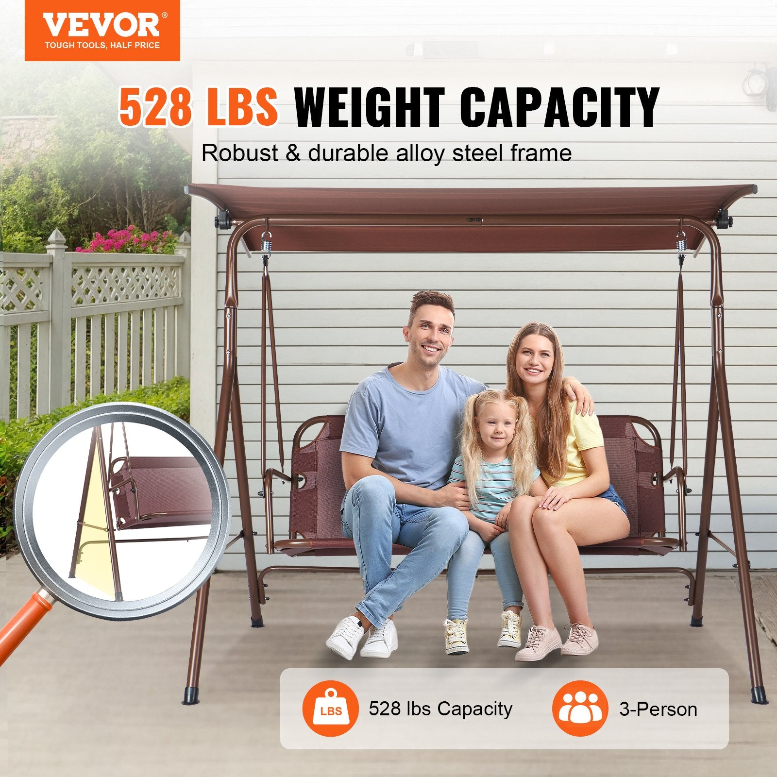 Patio Swing Chair 3-Person Outdoor with Adjustable Canopy Armrests Steel Frame