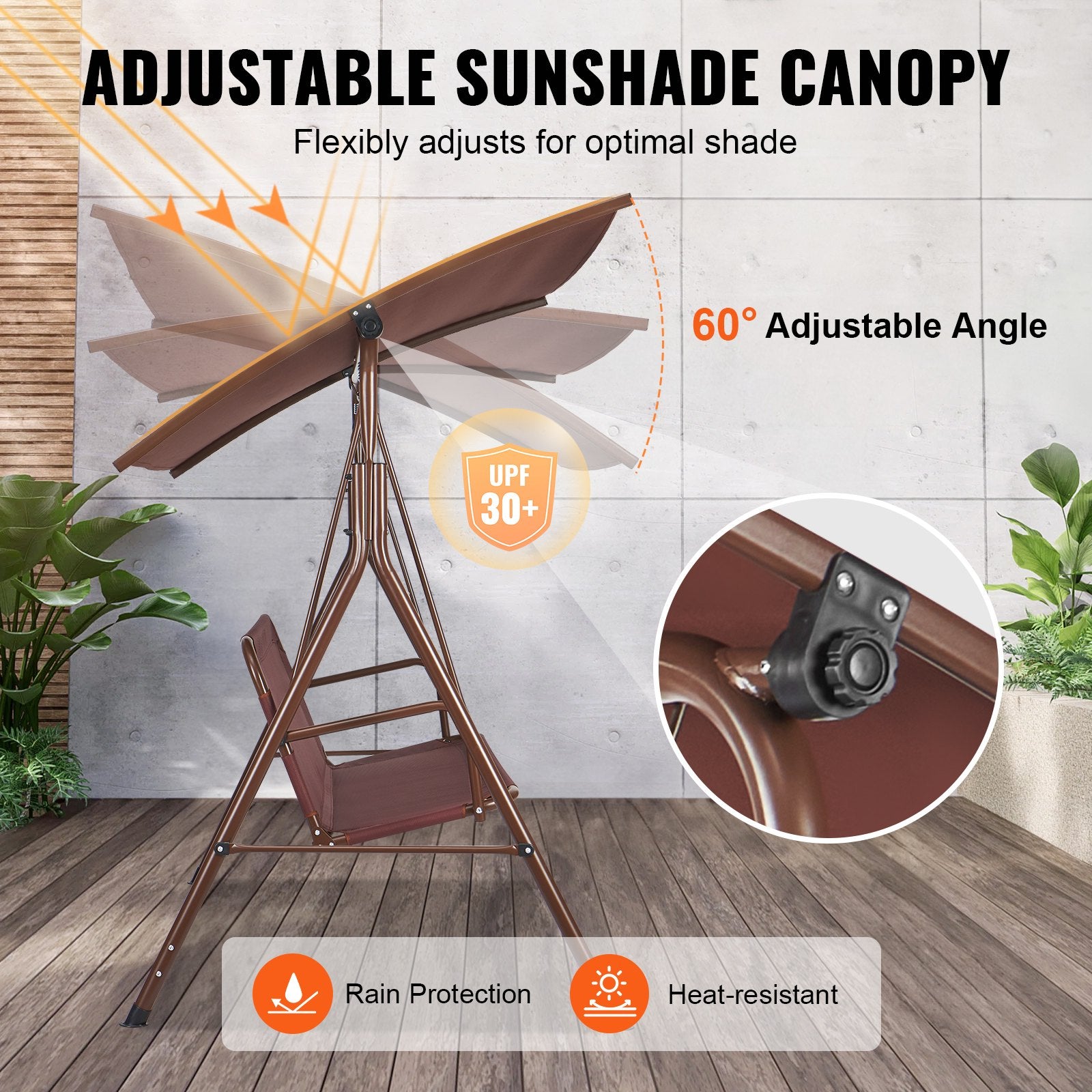 Patio Swing Chair 3-Person Outdoor with Adjustable Canopy Armrests Steel Frame