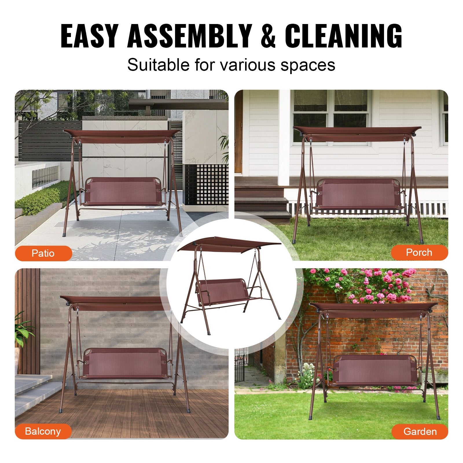 Patio Swing Chair 3-Person Outdoor with Adjustable Canopy Armrests Steel Frame