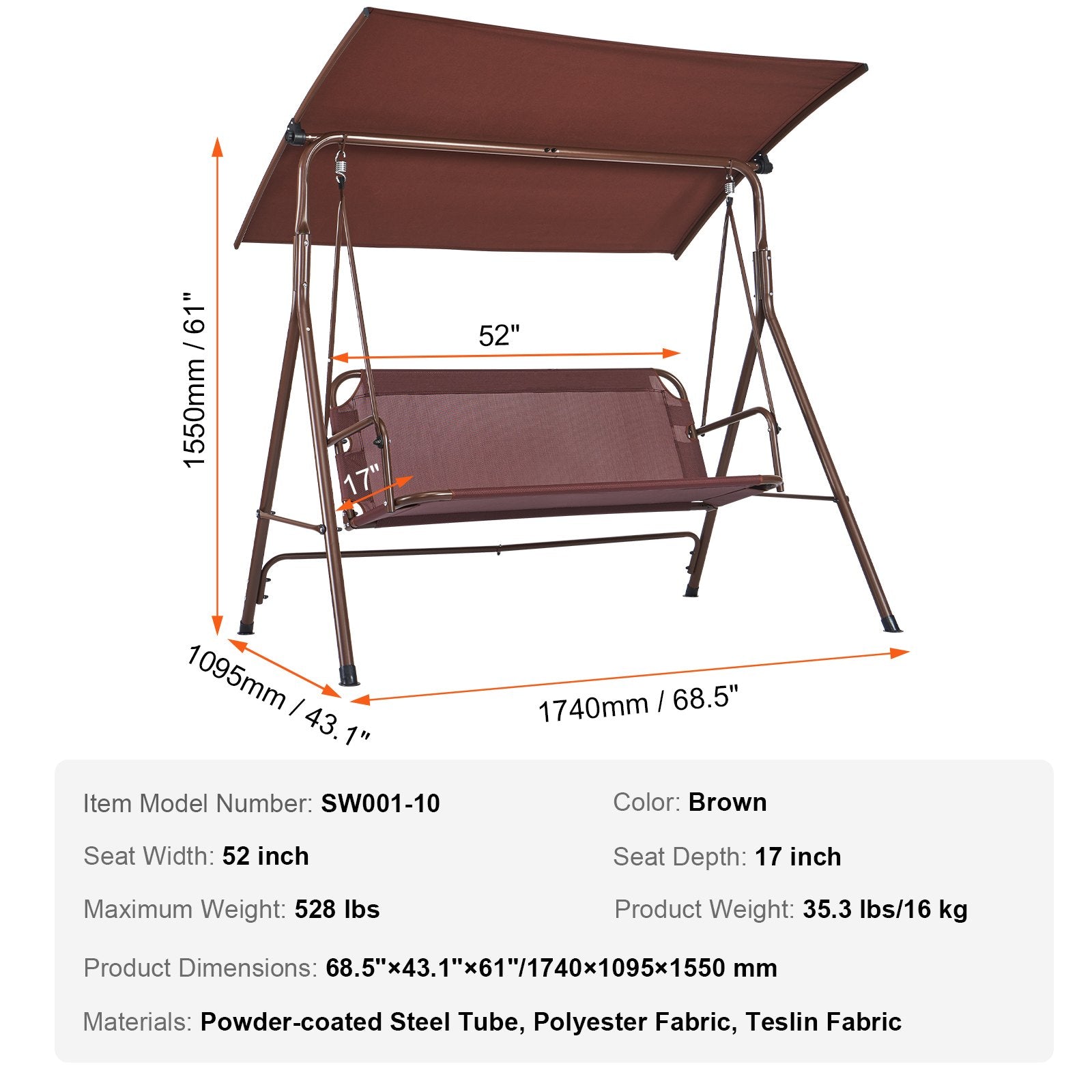 Patio Swing Chair 3-Person Outdoor with Adjustable Canopy Armrests Steel Frame
