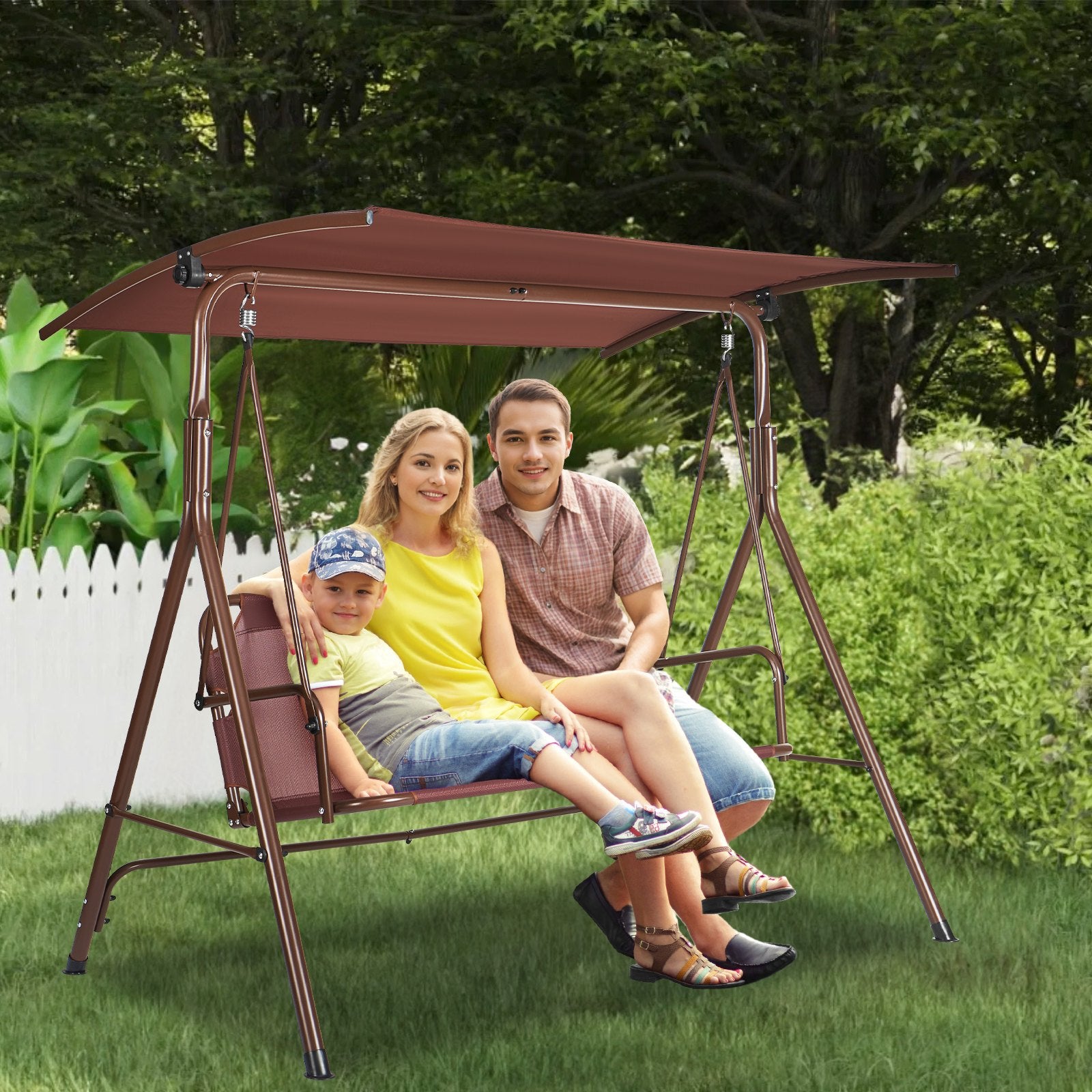 Patio Swing Chair 3-Person Outdoor with Adjustable Canopy Armrests Steel Frame