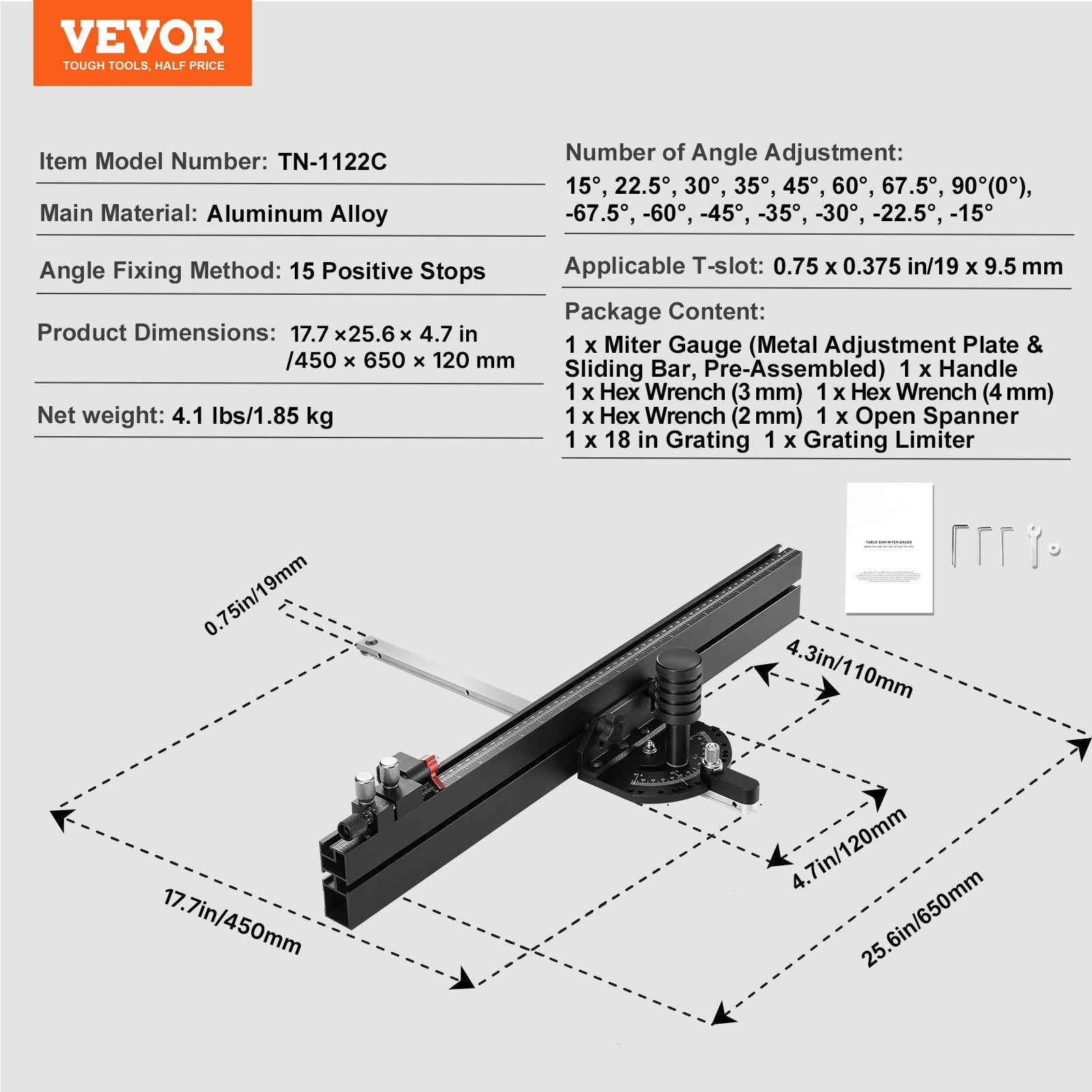 Precision Miter Gauge Aluminum Alloy Table Saw with 24 in Grating 15 Angle Stops