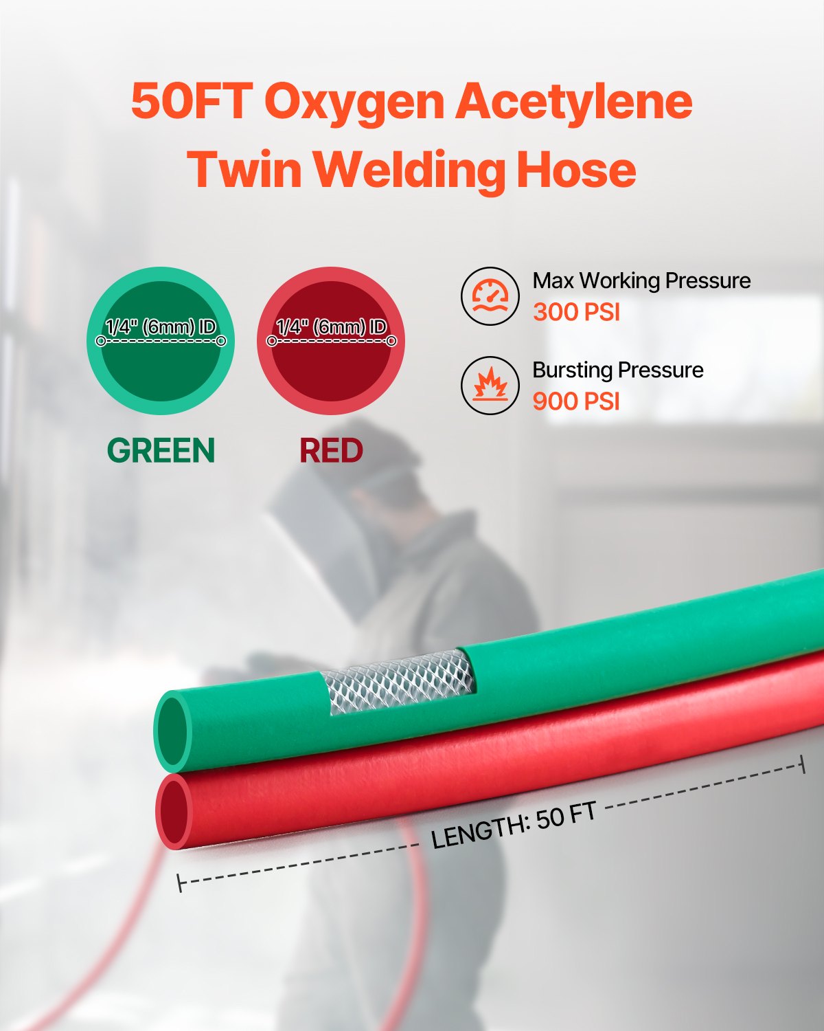 Oxygen Acetylene Hose 1/4"x50FT Twin Hose with 9/16"-18 B Fitting 300PSI