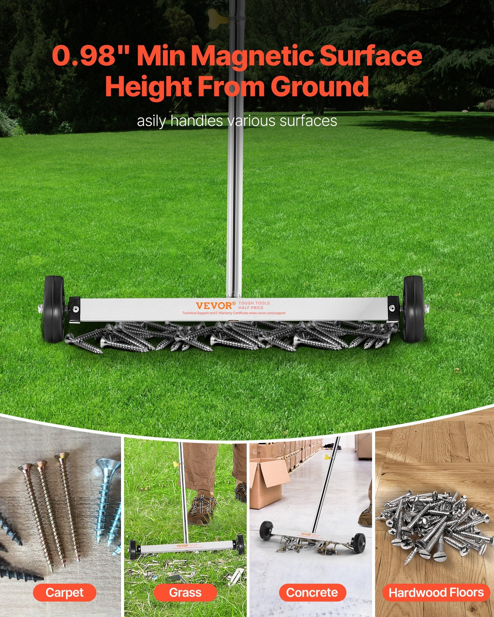 43cm Magnetic Sweeper w/ Wheels Adjustable Handle for Nails & Screws