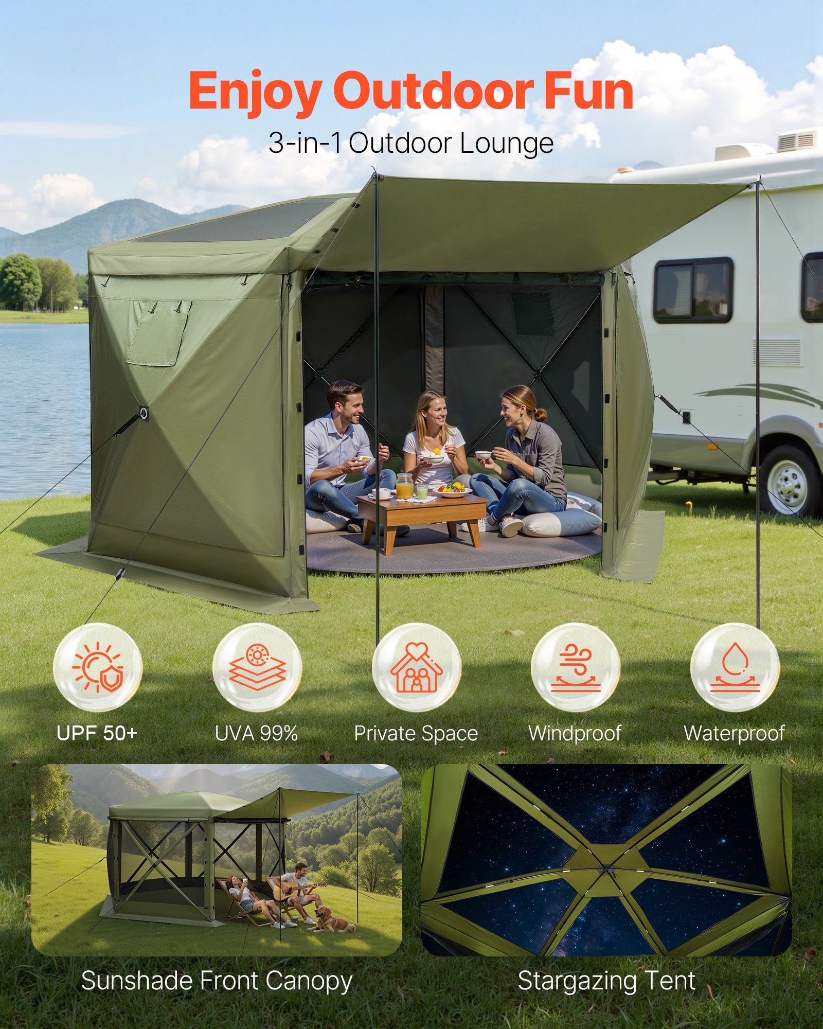 Pop Up Gazebo Screen Tent 3x3m 6-Sided Camping Canopy Quick Set Sun Shelter
