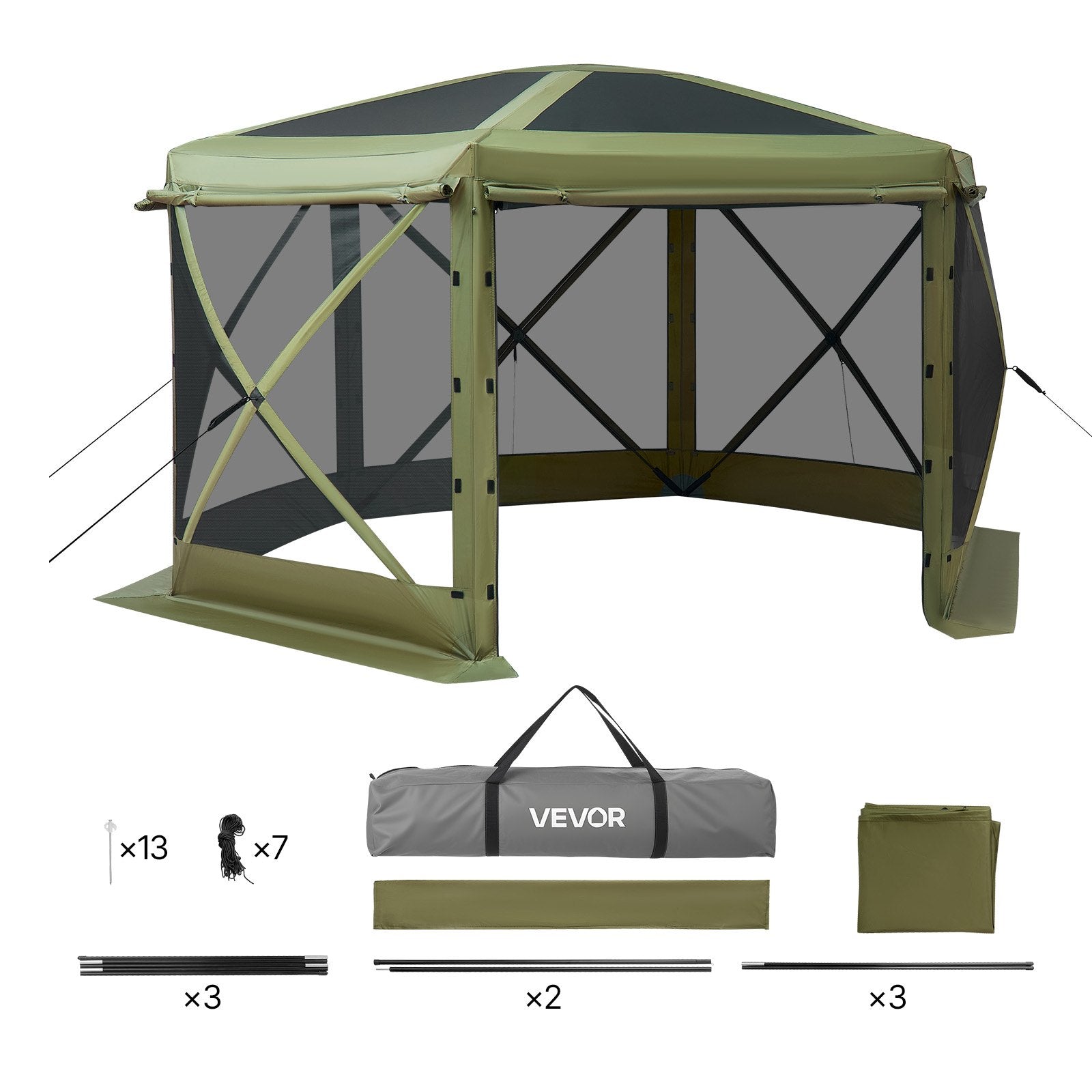 Pop Up Gazebo Screen Tent 3x3m 6-Sided Camping Canopy Quick Set Sun Shelter