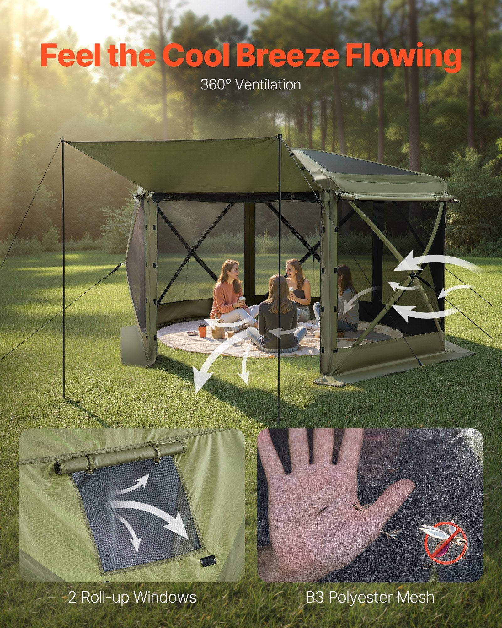 Pop up Gazebo Screen Tent 3.6x3.6m 6S RTop CBag QSt BitePrf SunShltr 8-10P Grn