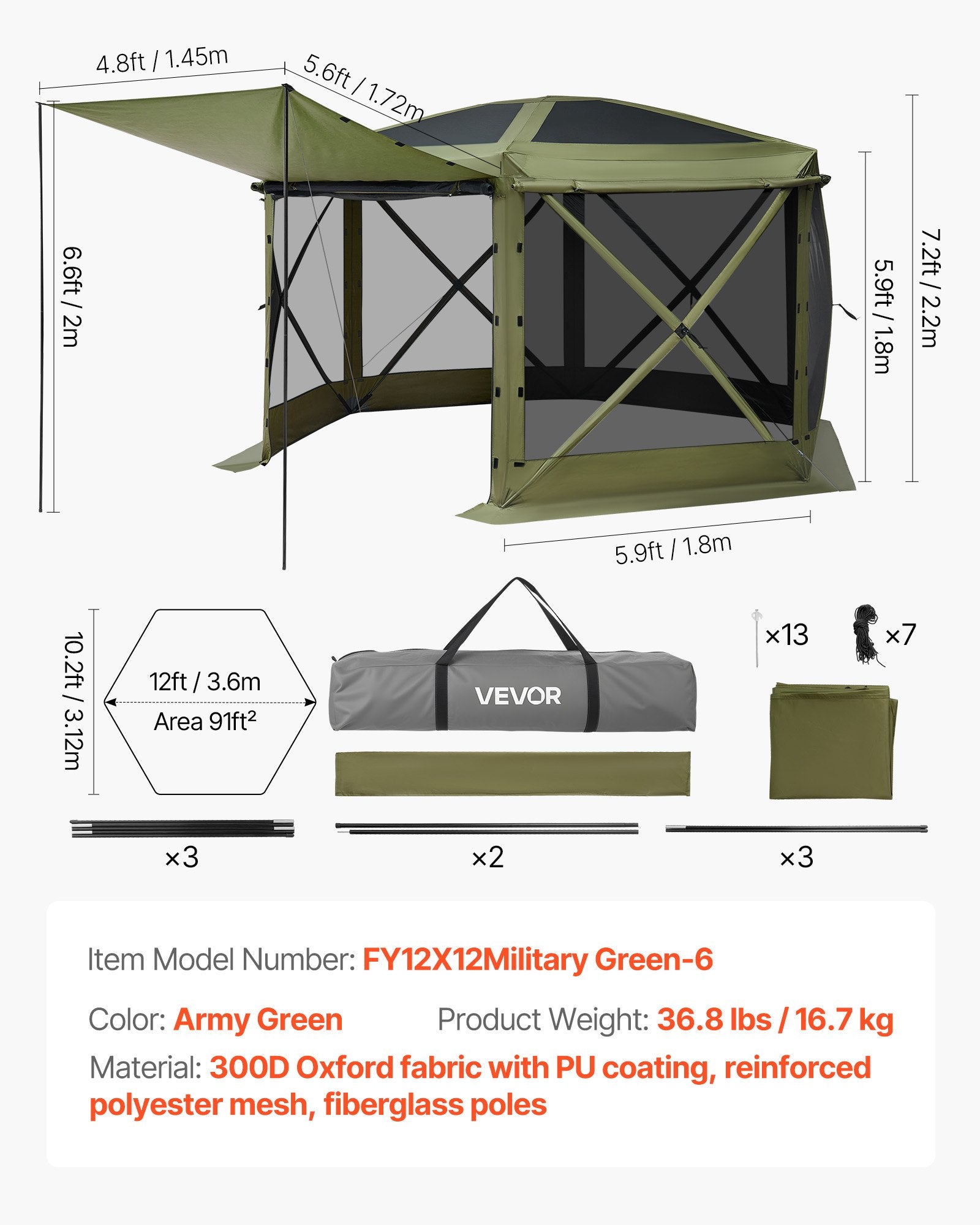 Pop up Gazebo Screen Tent 3.6x3.6m 6S RTop CBag QSt BitePrf SunShltr 8-10P Grn