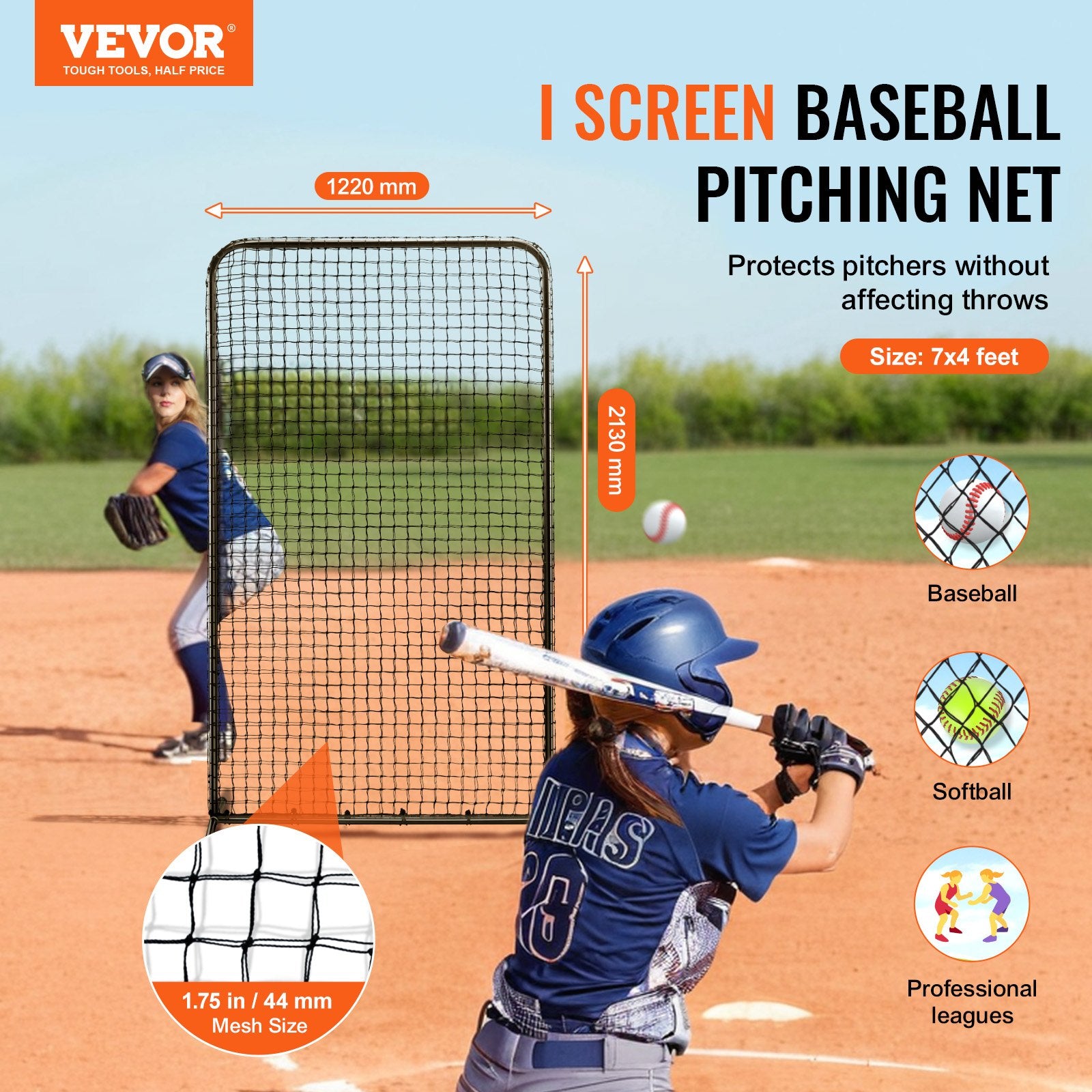 7x4 ft I Screen Baseball Softball Safety Screen with Carry Bag & Stakes