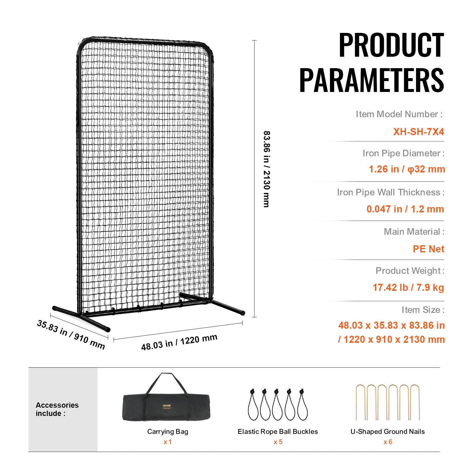 7x4 ft I Screen Baseball Softball Safety Screen with Carry Bag & Stakes