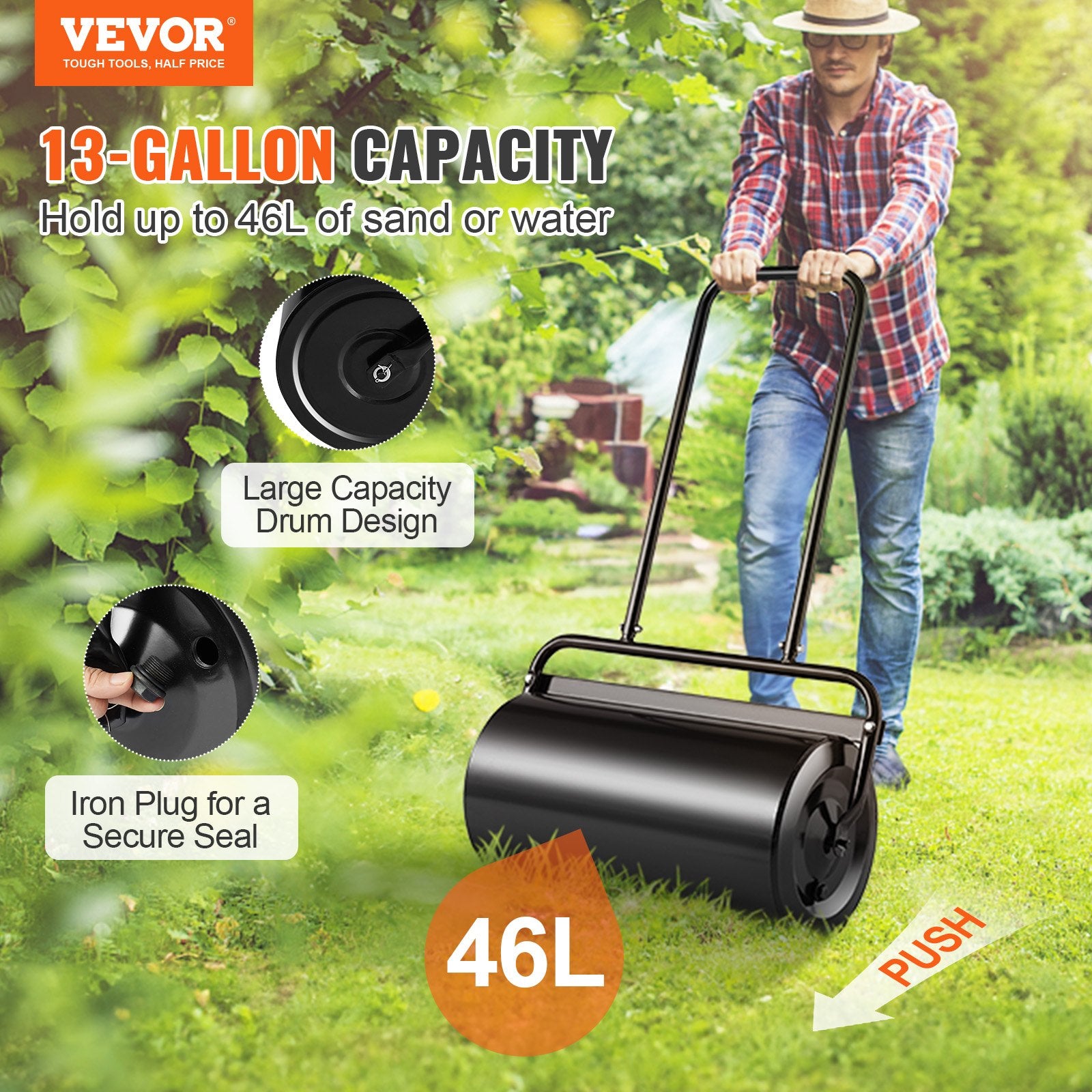 Lawn Roller 13 Gallon Sand Water Filled Steel Sod Easy-Turn U-Handle Black