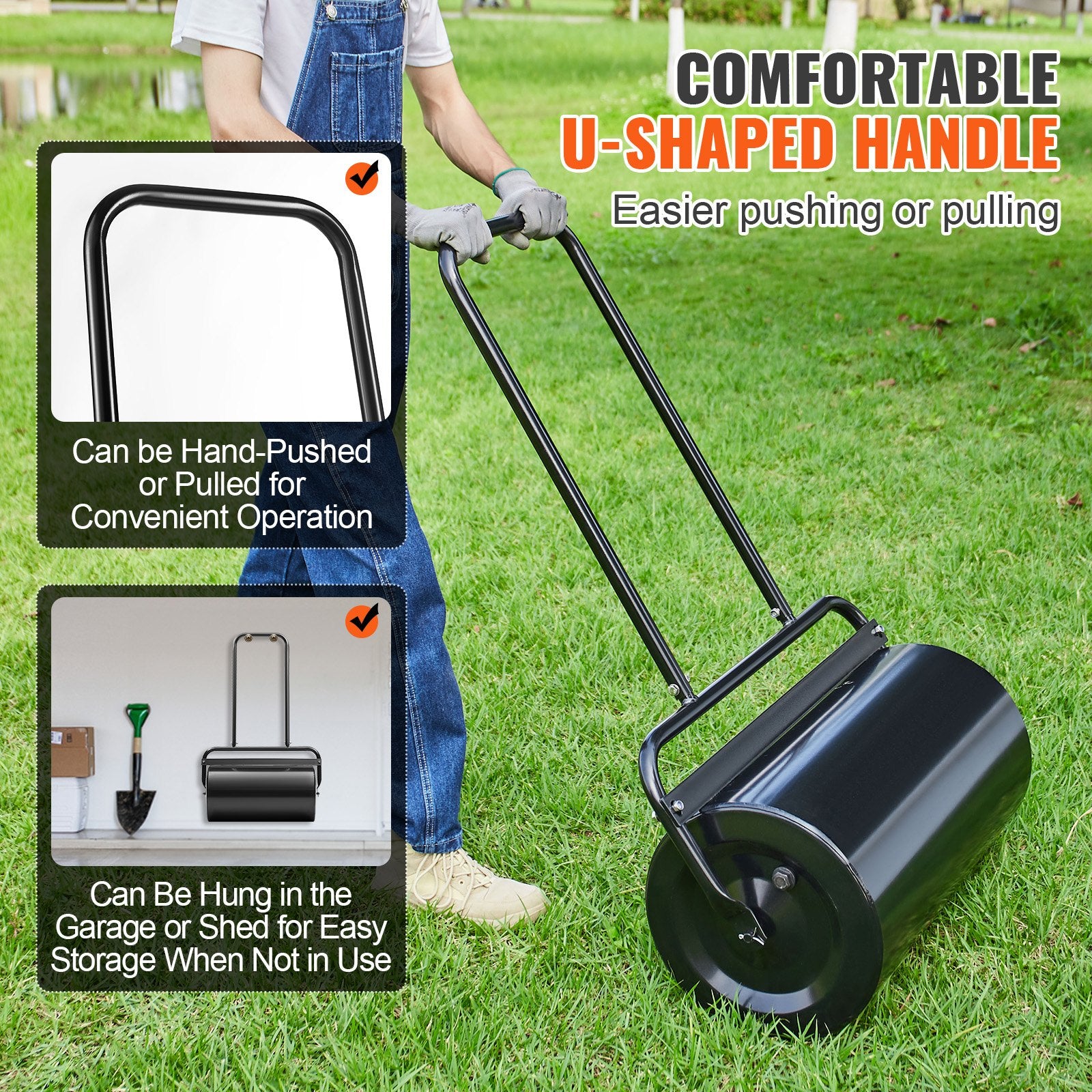 Lawn Roller 13 Gallon Sand Water Filled Steel Sod Easy-Turn U-Handle Black