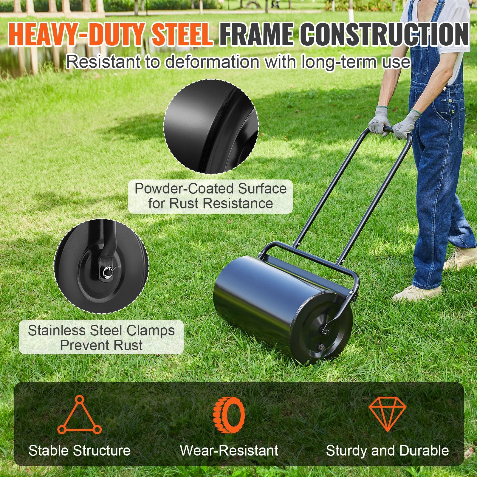 Lawn Roller 13 Gallon Sand Water Filled Steel Sod Easy-Turn U-Handle Black