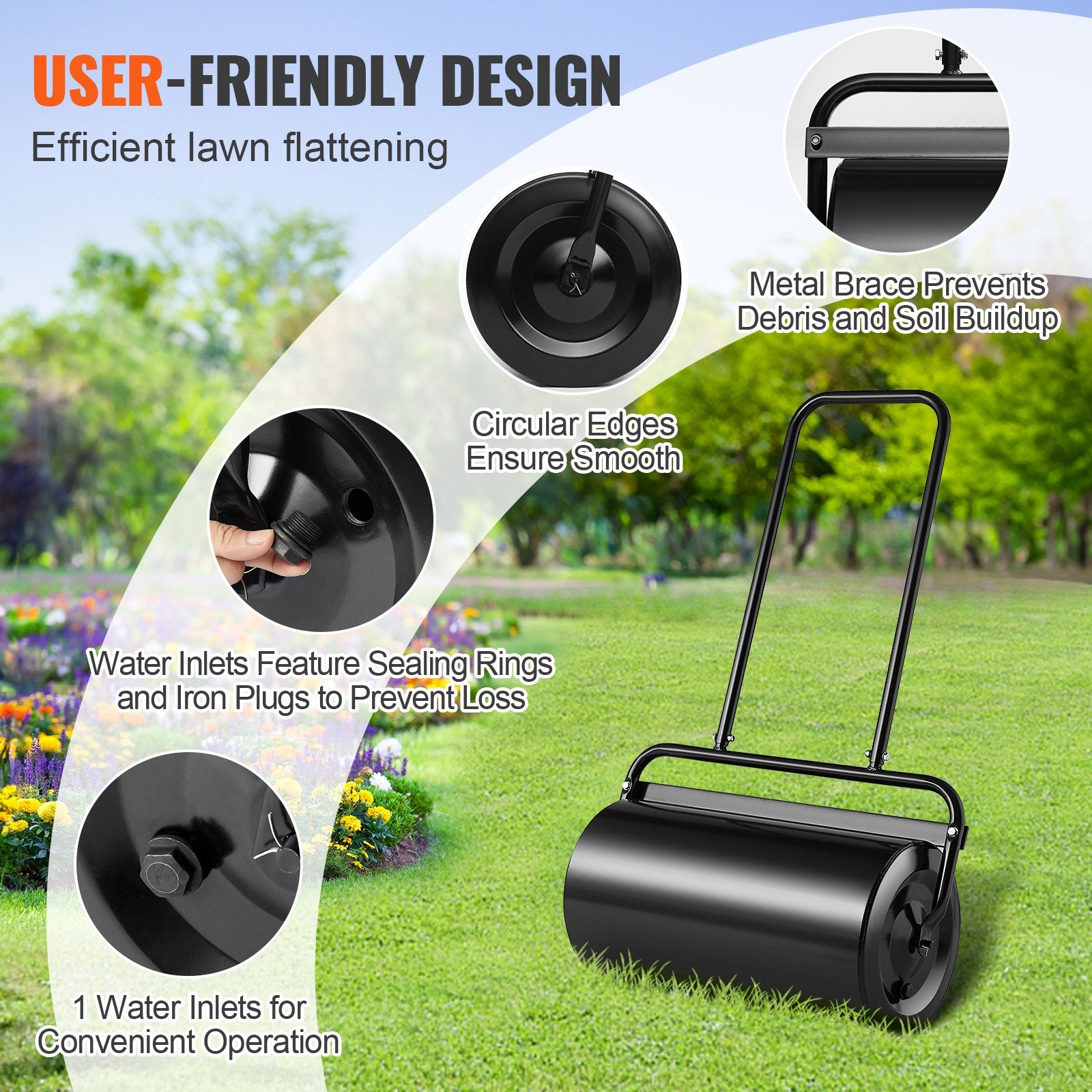 Lawn Roller 13 Gallon Sand Water Filled Steel Sod Easy-Turn U-Handle Black