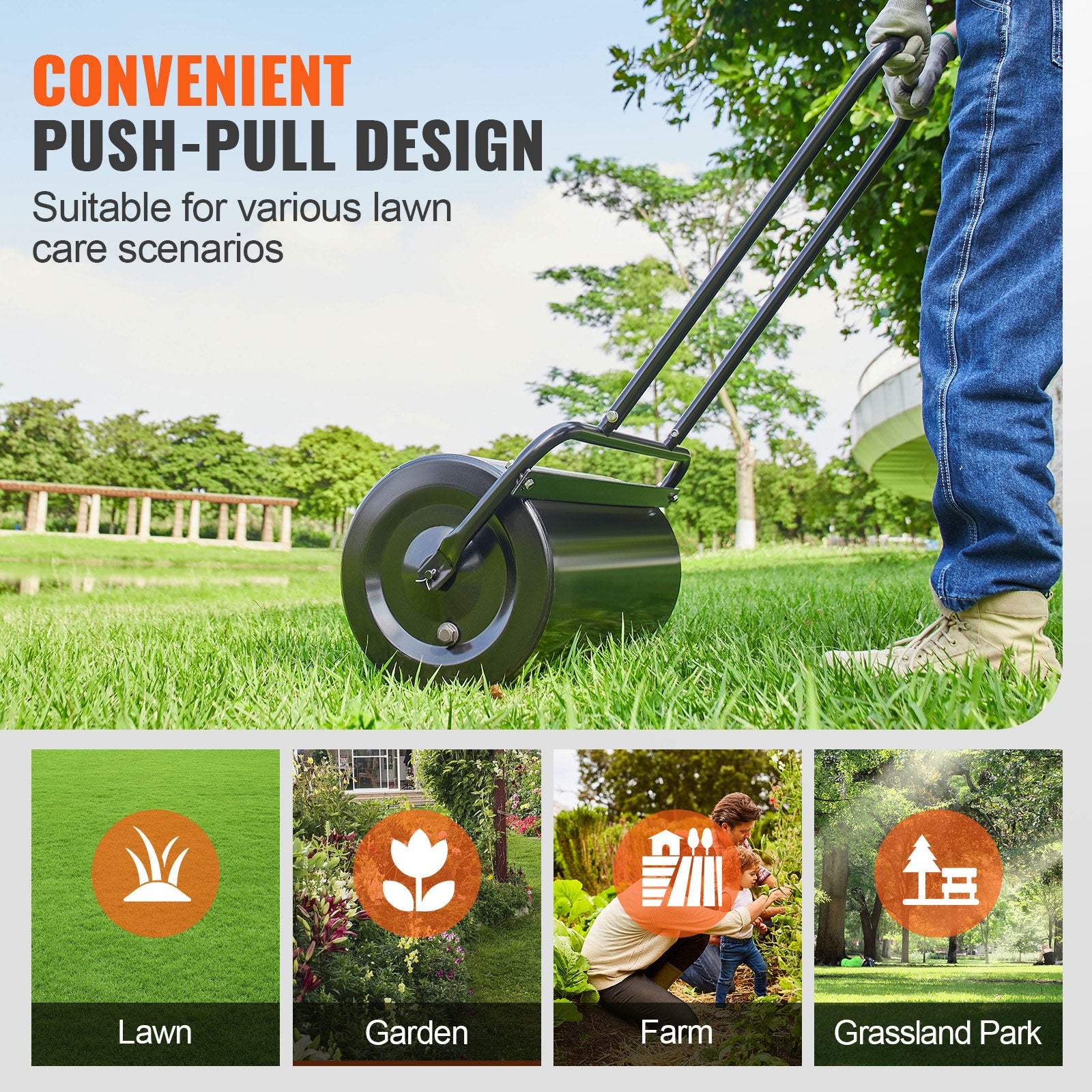 Lawn Roller 13 Gallon Sand Water Filled Steel Sod Easy-Turn U-Handle Black