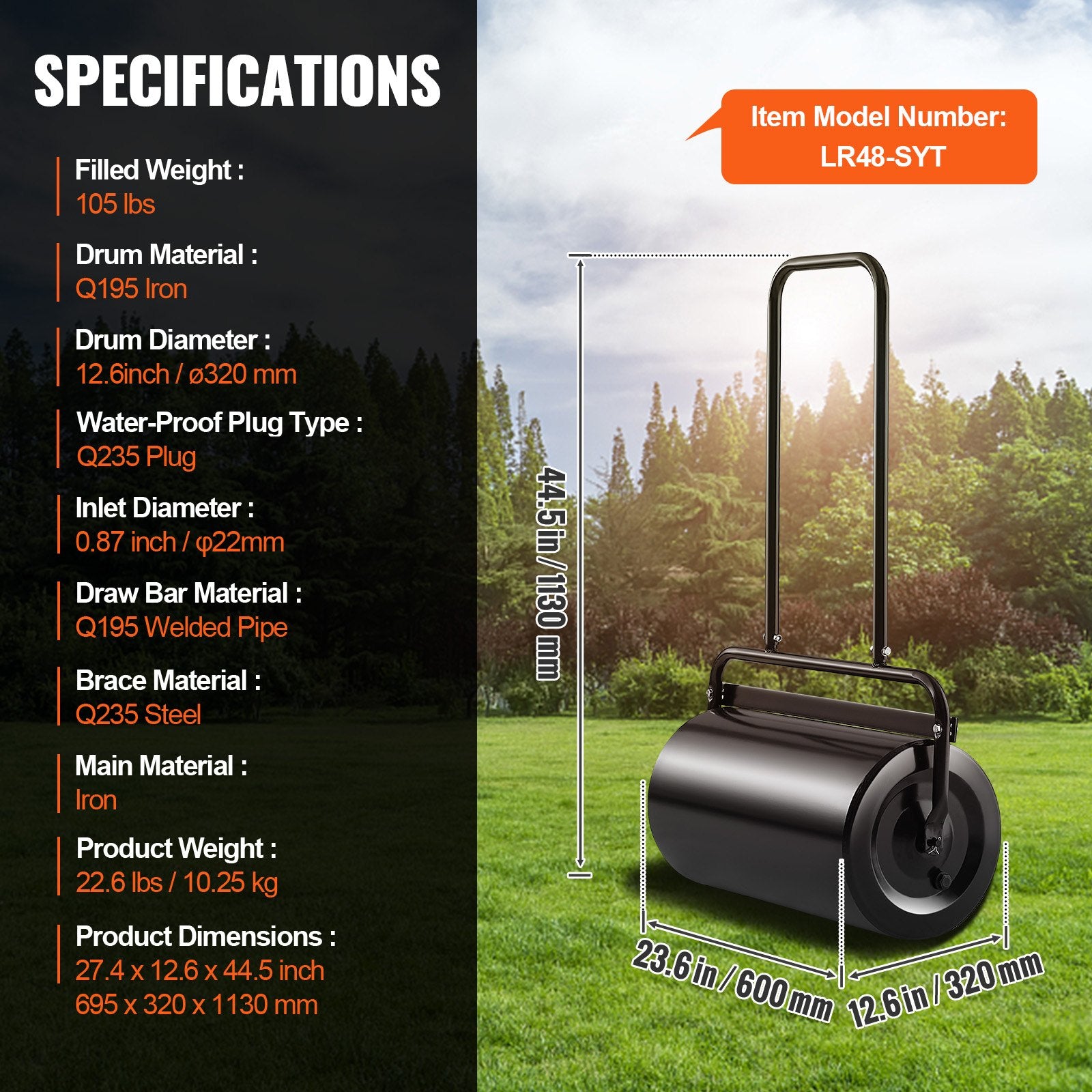 Lawn Roller 13 Gallon Sand Water Filled Steel Sod Easy-Turn U-Handle Black