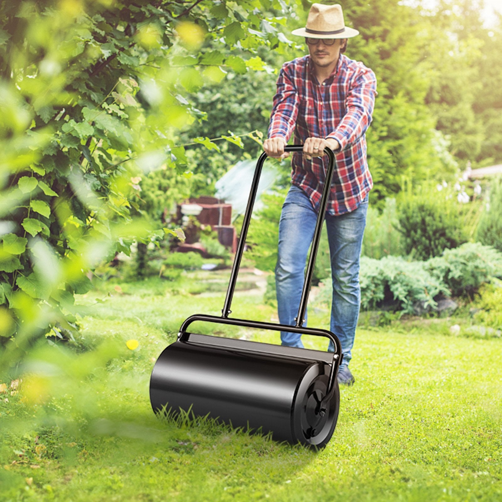 Lawn Roller 13 Gallon Sand Water Filled Steel Sod Easy-Turn U-Handle Black