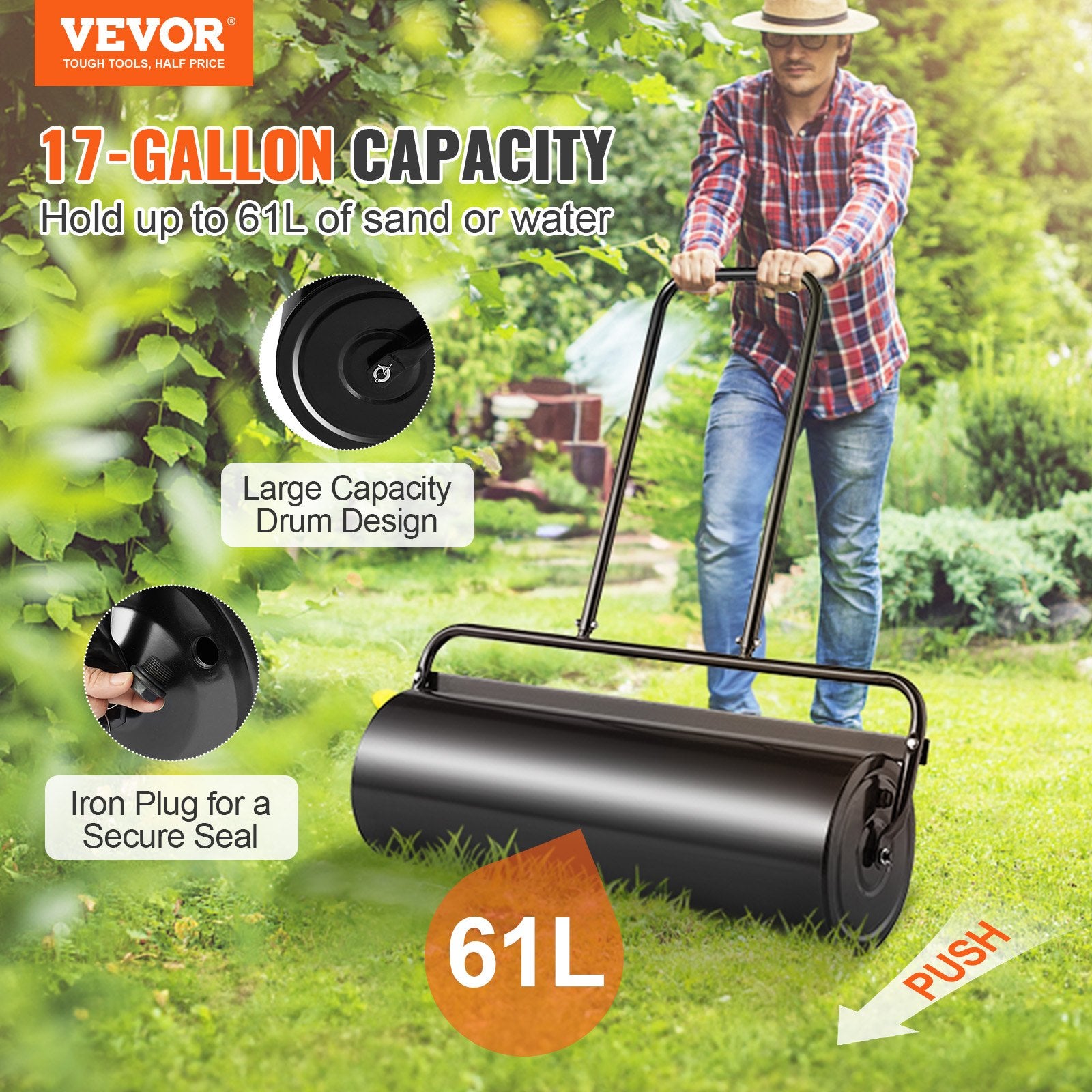 Lawn Roller 17 Gallon Sand Water Filled Steel Sod U-Shaped Ergonomic Handle