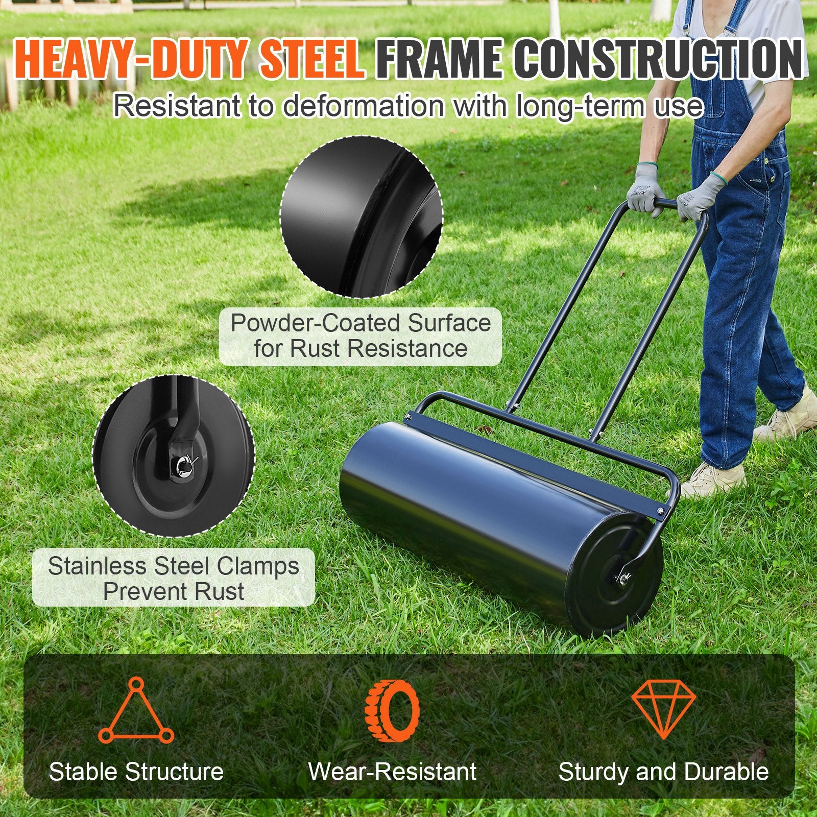 Lawn Roller 17 Gallon Sand Water Filled Steel Sod U-Shaped Ergonomic Handle