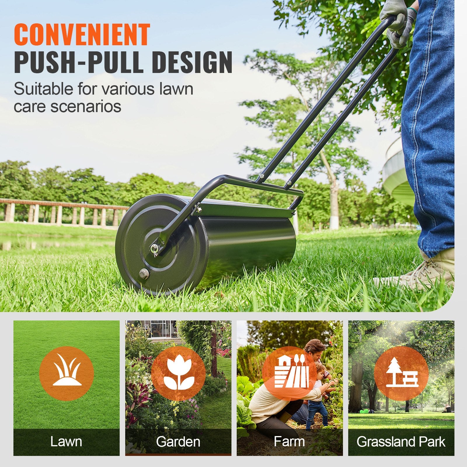 Lawn Roller 17 Gallon Sand Water Filled Steel Sod U-Shaped Ergonomic Handle