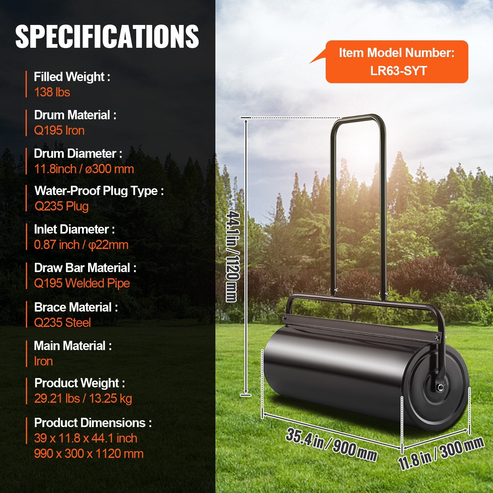 Lawn Roller 17 Gallon Sand Water Filled Steel Sod U-Shaped Ergonomic Handle