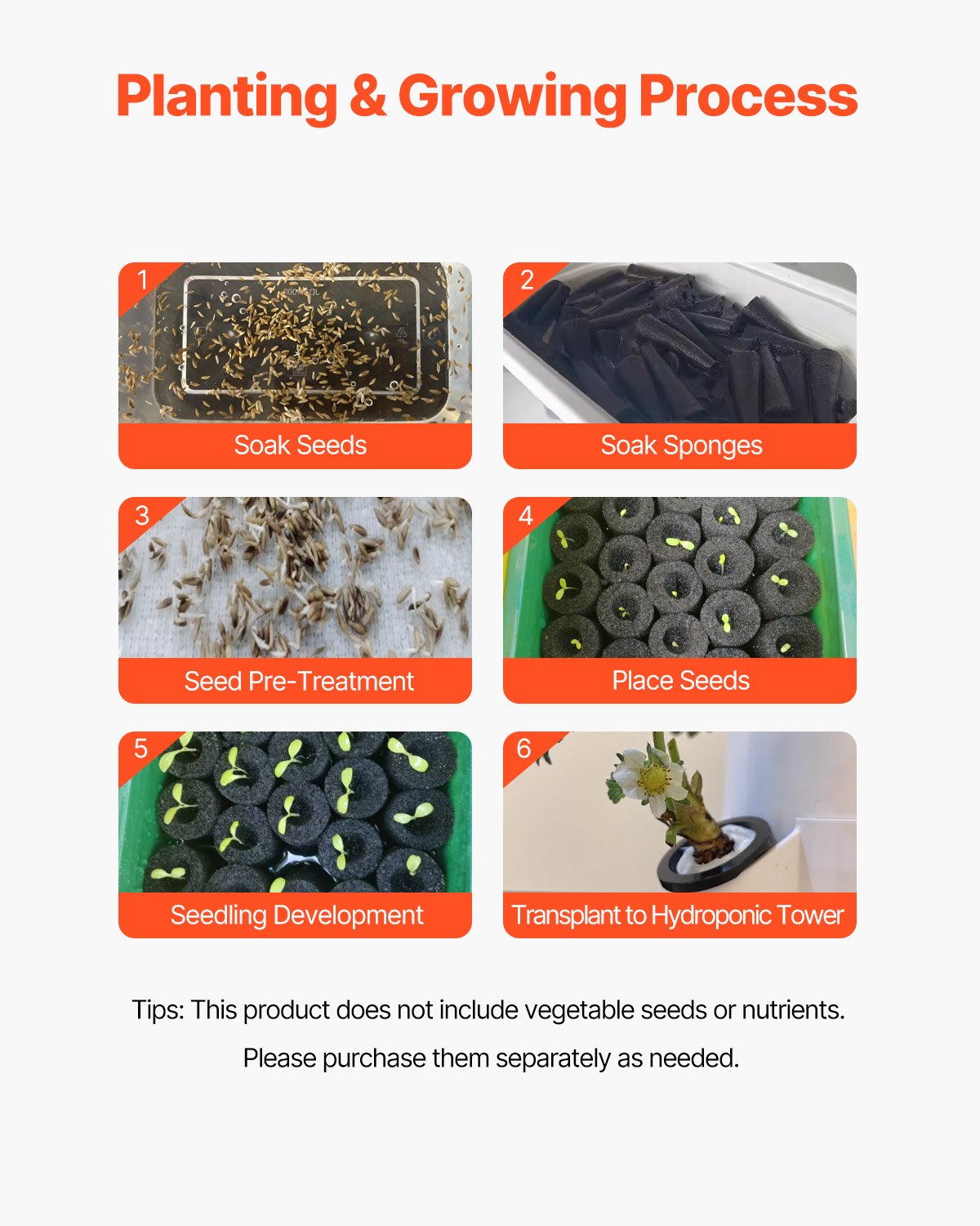 Hydroponic Growing System, 30 Pods 6-Tier Vertical Tower with Grow Light $ Pump