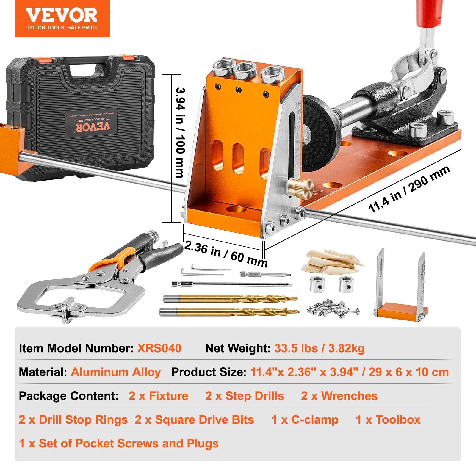 Pocket Hole Jig Kit 34 Pcs Adjustable with C-Clamp Step Drills Wrenches Bits