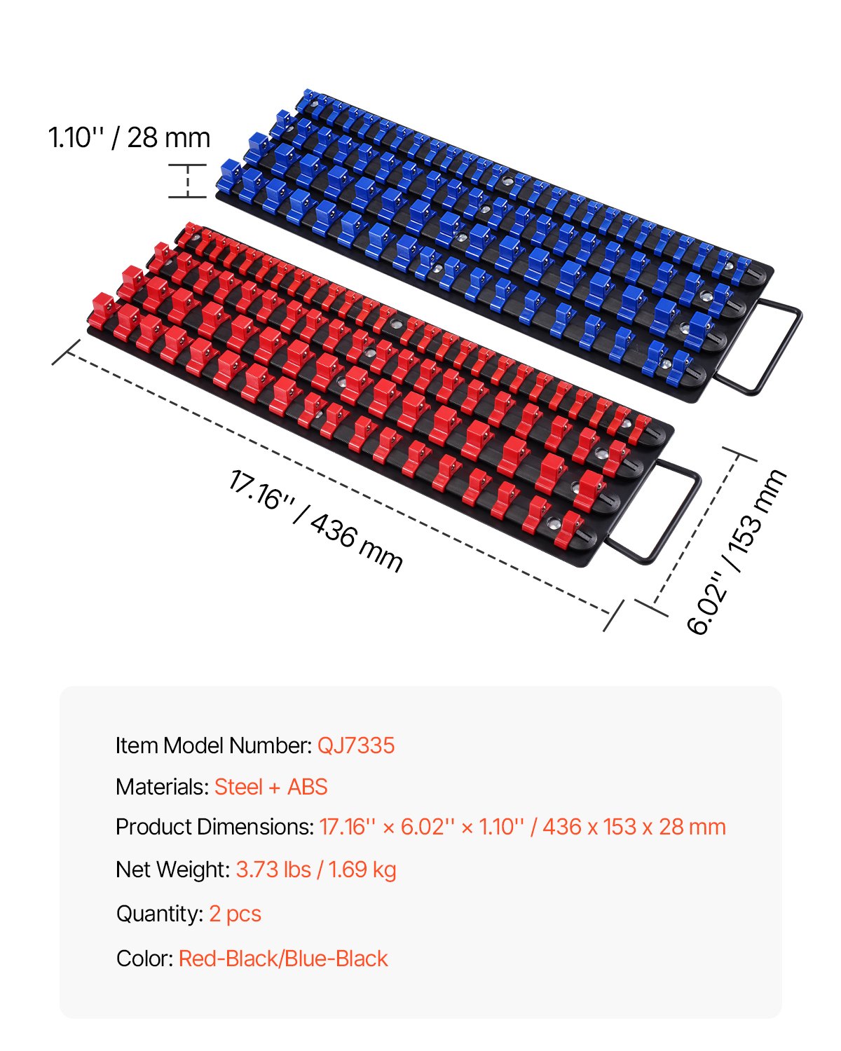 Portable Socket Organizer Tray 2PCS Metric & SAE Hold Up to 160 Sockets