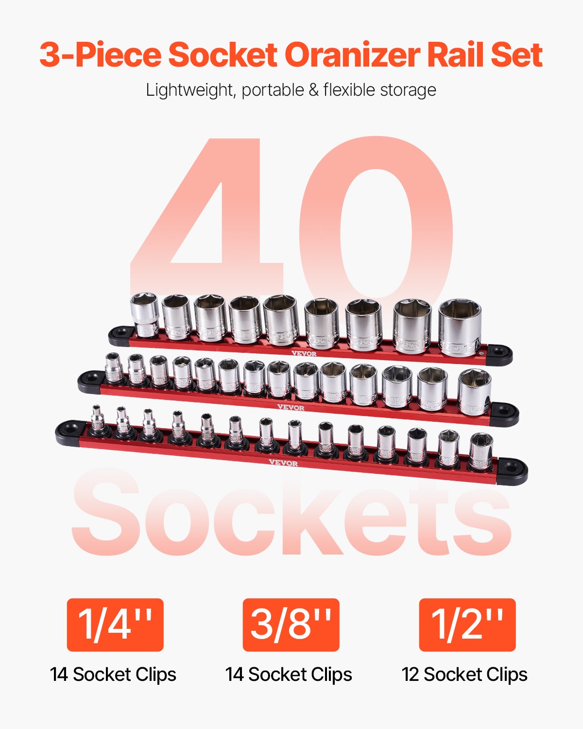 Socket Organizer Rail Set, Metric & SAE Aluminum Holders, 3 Sizes
