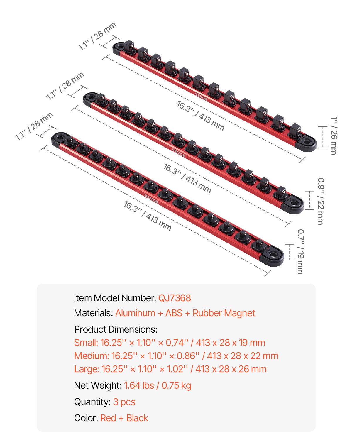 Socket Organizer Rail Set, Metric & SAE Aluminum Holders, 3 Sizes
