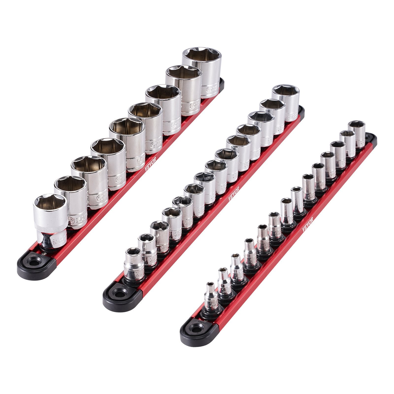 Socket Organizer Rail Set, Metric & SAE Aluminum Holders, 3 Sizes