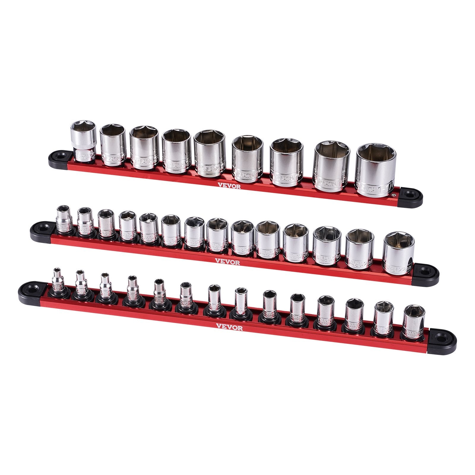 Socket Organizer Rail Set, Metric & SAE Aluminum Holders, 3 Sizes