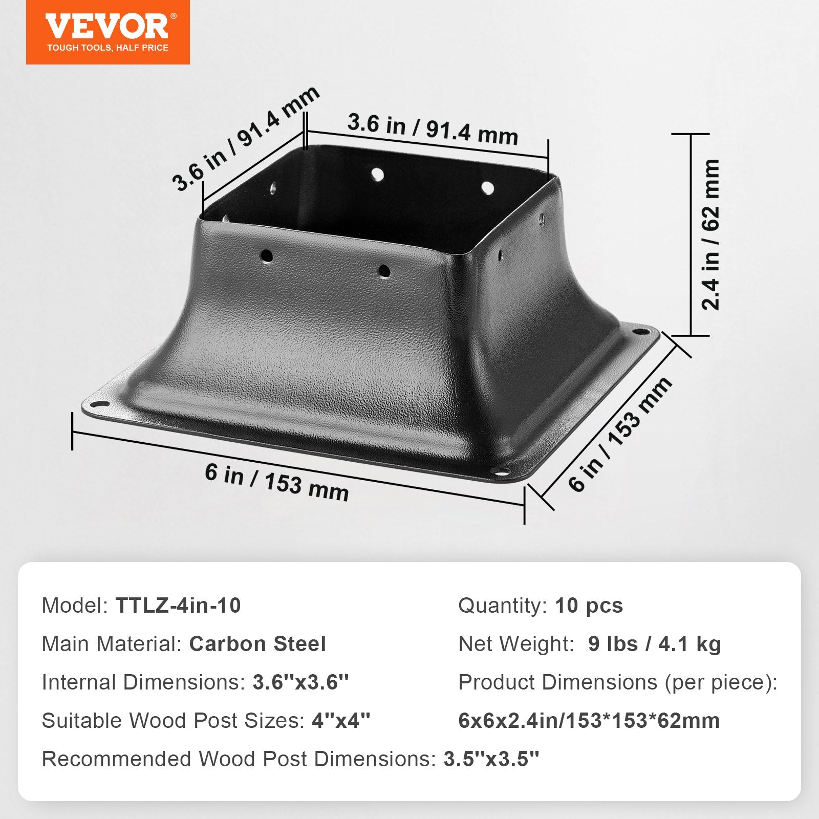 101.6x101.6mm Post Base 10pcs Heavy Duty Steel Powder-Coated Deck Brackets