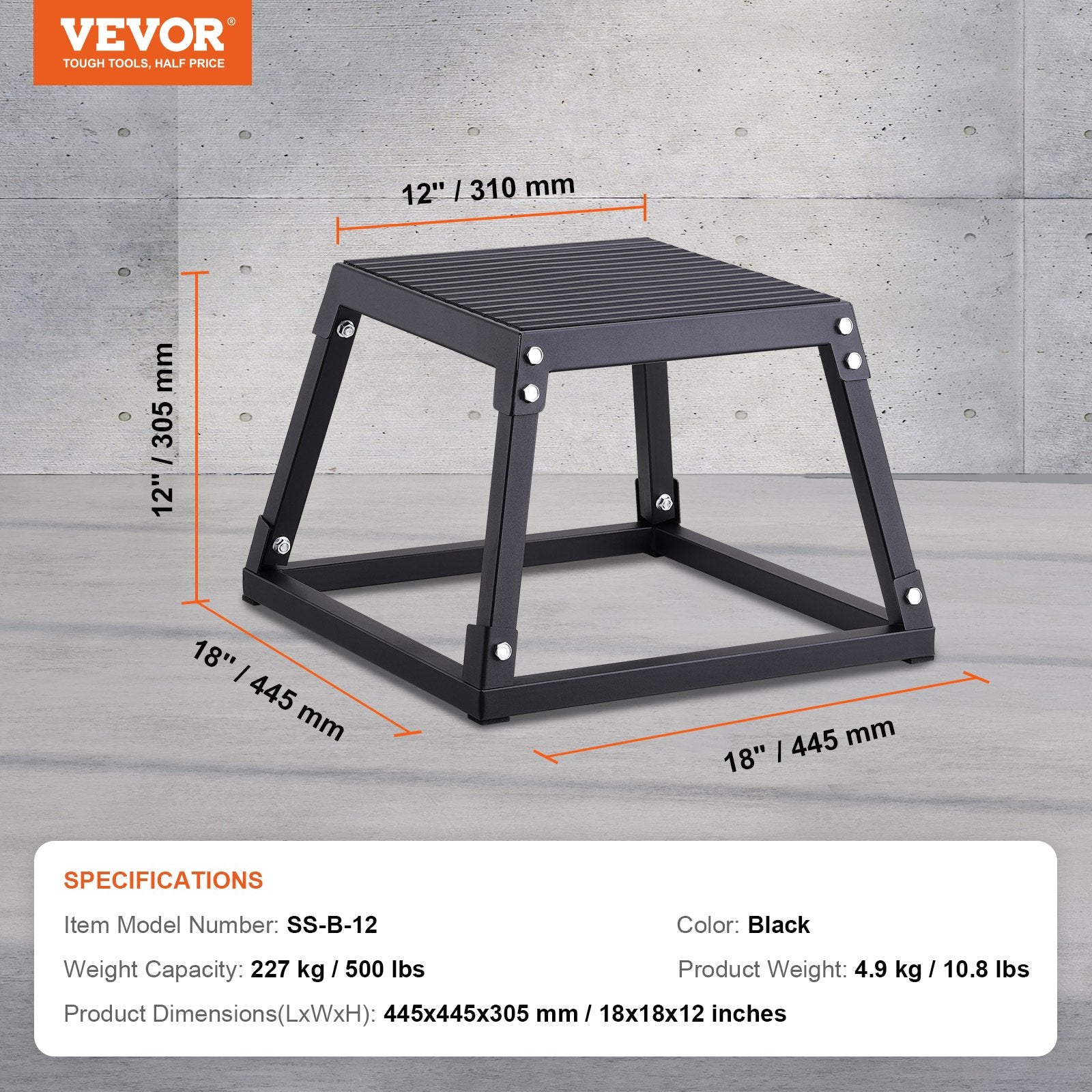 12 Inch Steel Plyometric Jump Box Anti-Slip Fitness Training Platform Black