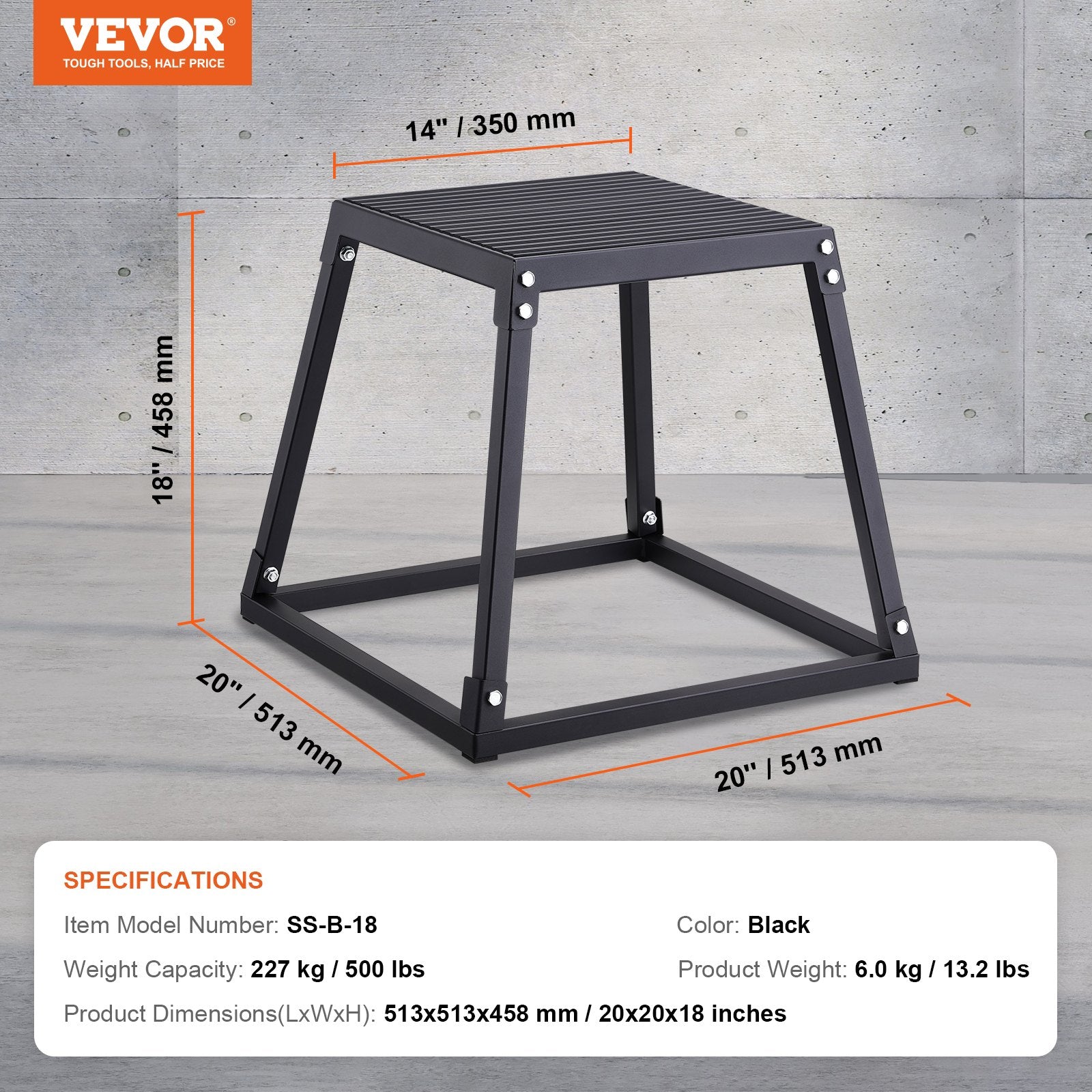 Plyometric Jump Box 18in Steel Anti-Slip Fitness Step Up Box Black