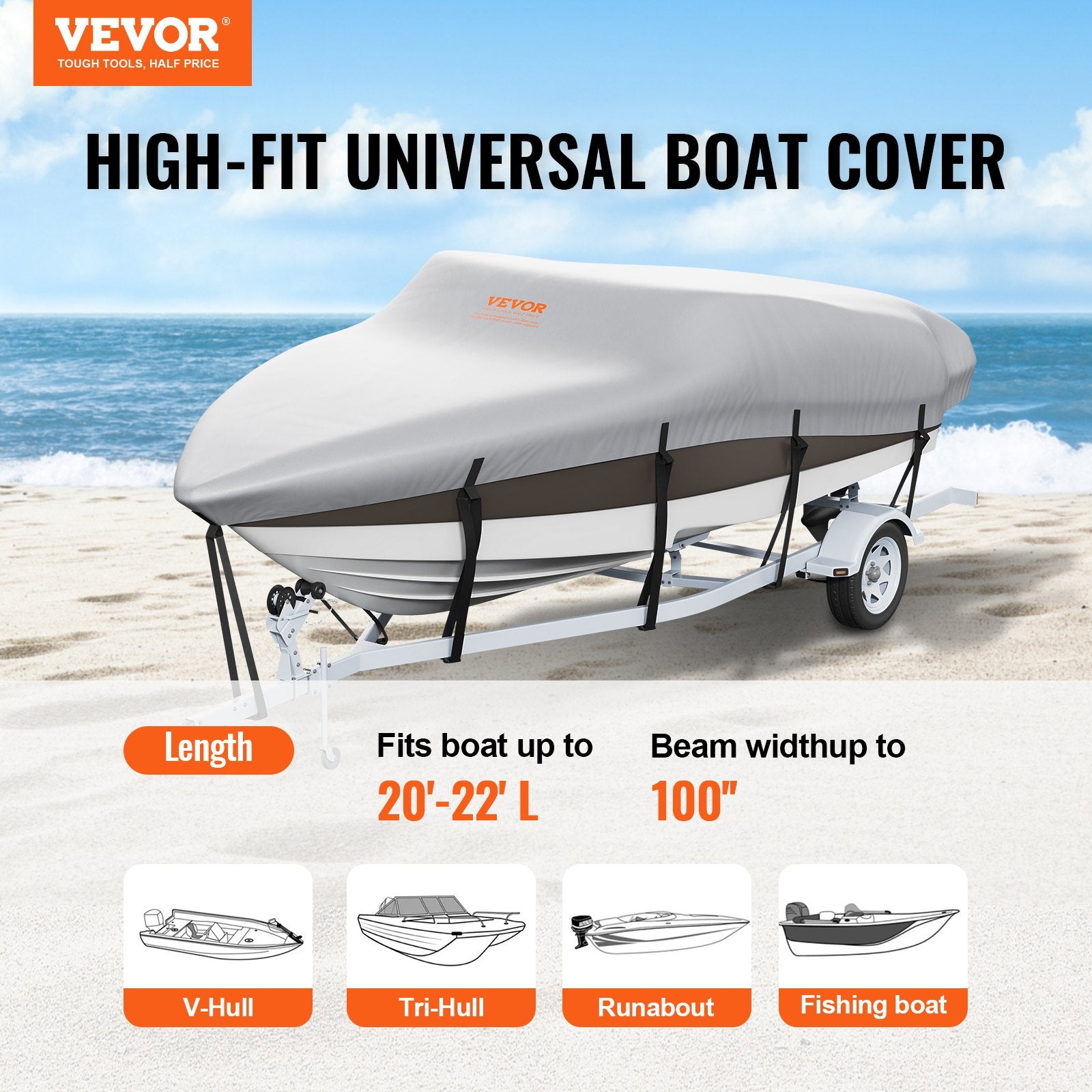 Waterproof Trailerable Boat 20-22 ft with Motor Cover and Buckle Straps