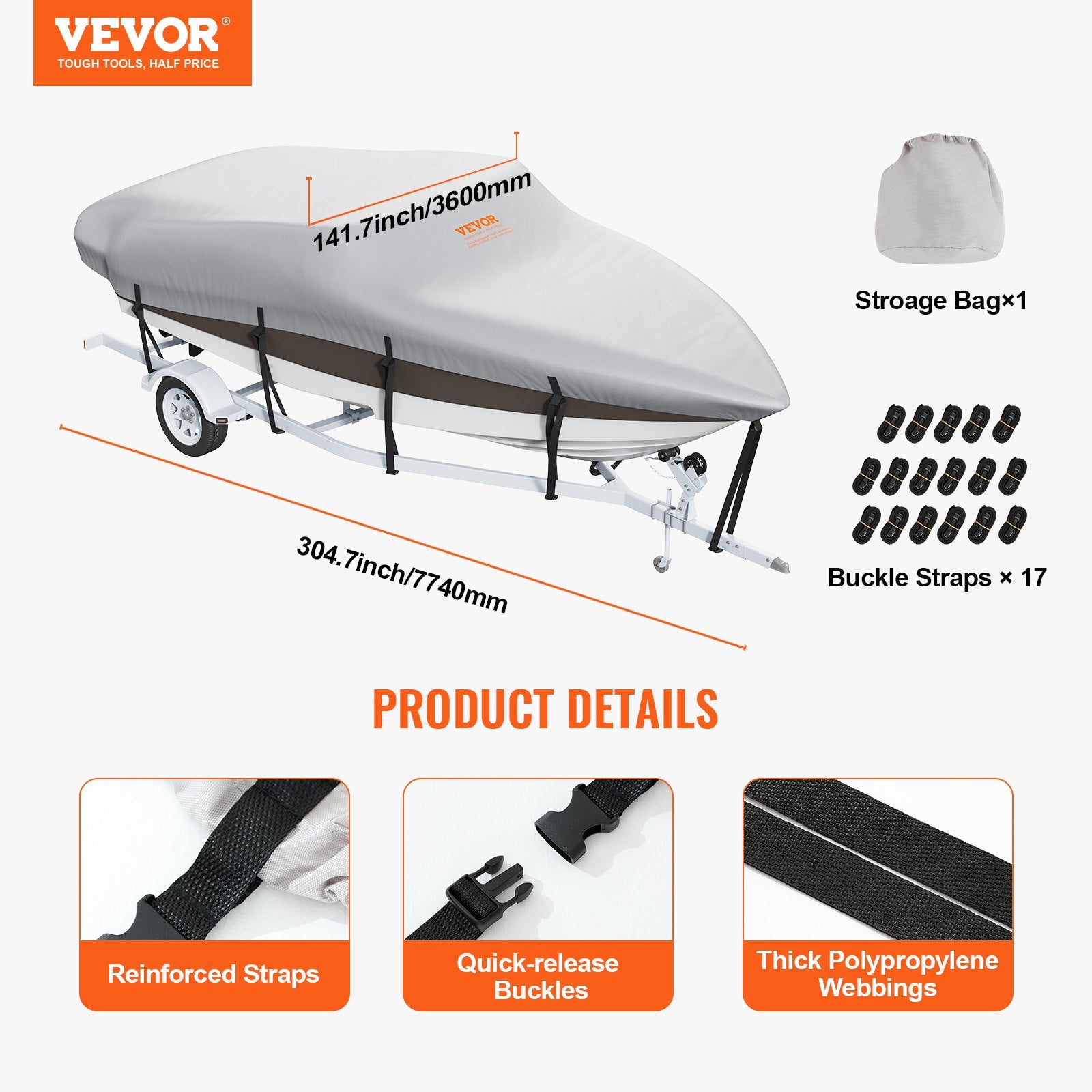Waterproof Trailerable Boat 23-24 ft with Motor Cover and Buckle Straps