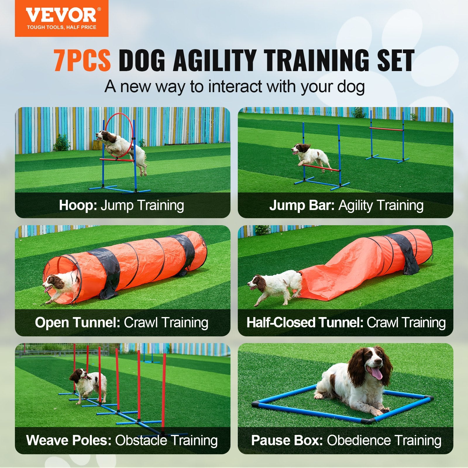 Dog Agility Training Set, 7 PCS w/ Hurdles, Weave Poles, 2 Tunnels, 3 Bags