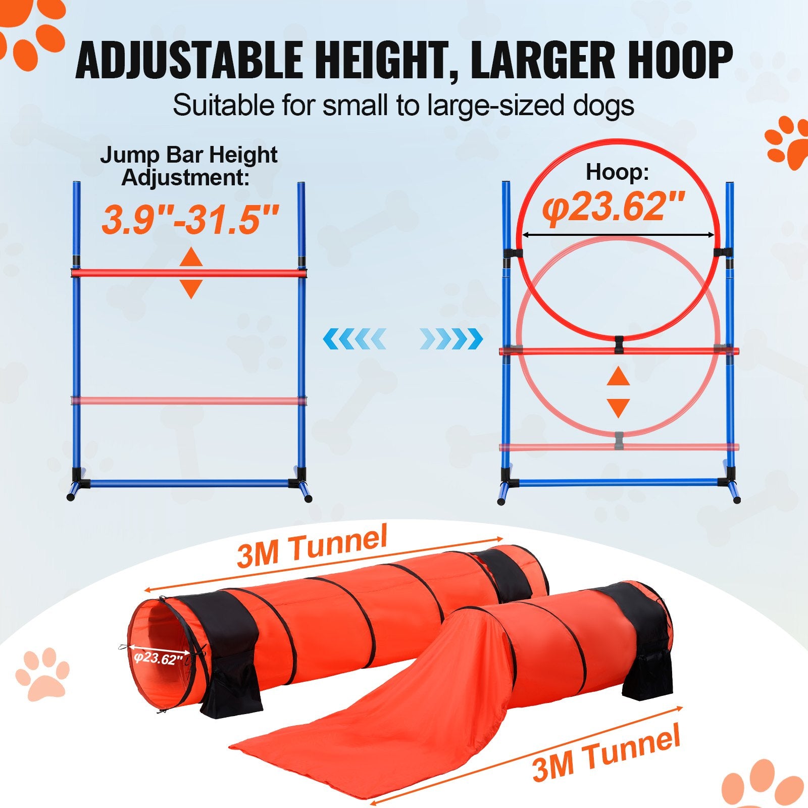 Dog Agility Training Set, 7 PCS w/ Hurdles, Weave Poles, 2 Tunnels, 3 Bags