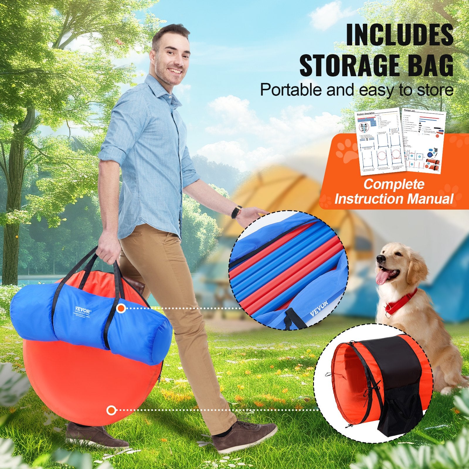 Dog Agility Training Set, 7 PCS w/ Hurdles, Weave Poles, 2 Tunnels, 3 Bags