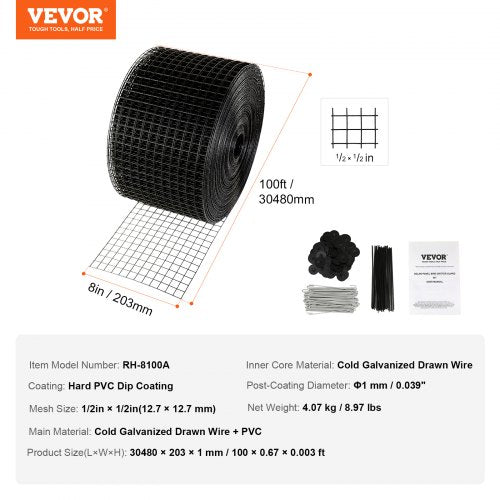 VEVOR 8" x 100ft Solar Panel Guard Bird Critter Roll Kit PVC Coated Wire Mesh